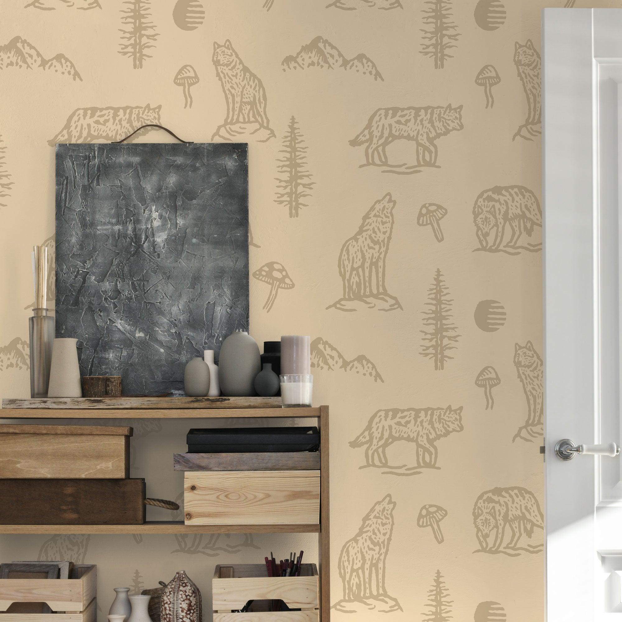 Into the Forest Wallpaper by The Rayco Line in stylish home office showcasing wildlife patterns.