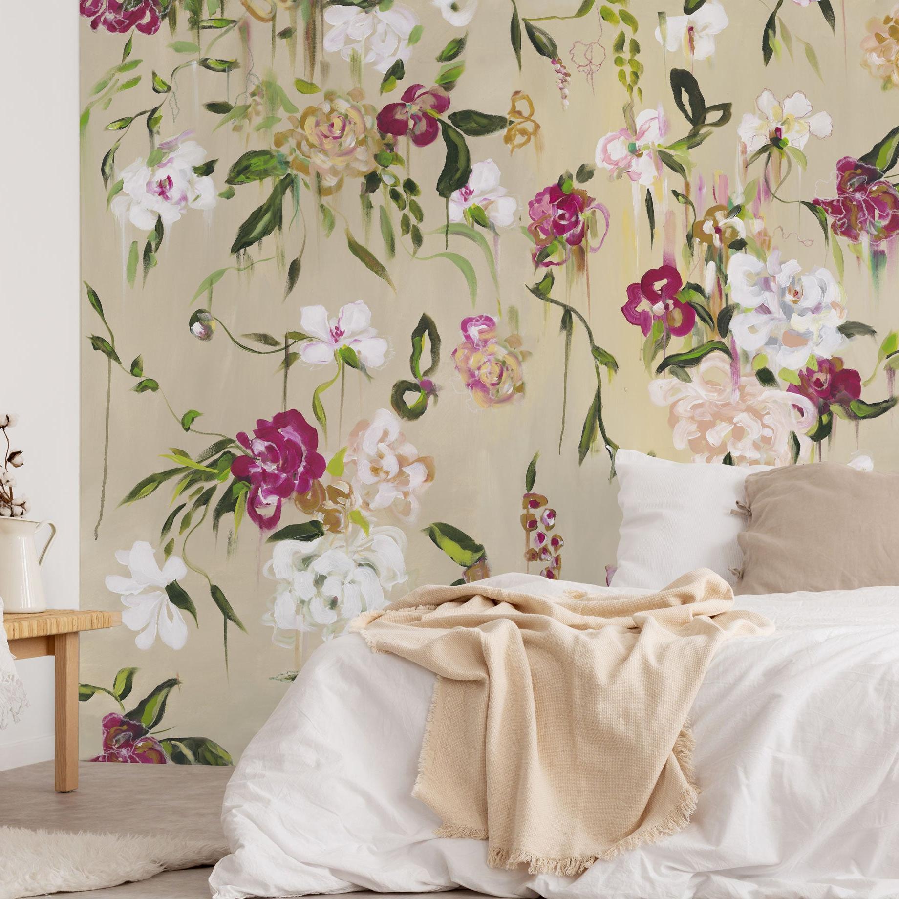 Mariposa Wallpaper by The Katie Small Line in a serene bedroom, highlighting elegant floral design on the wall.