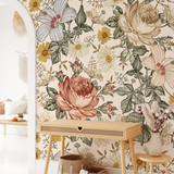 "Mia (Cream) Wallpaper by Wall Blush in elegant living room, showcasing floral design as focal point."