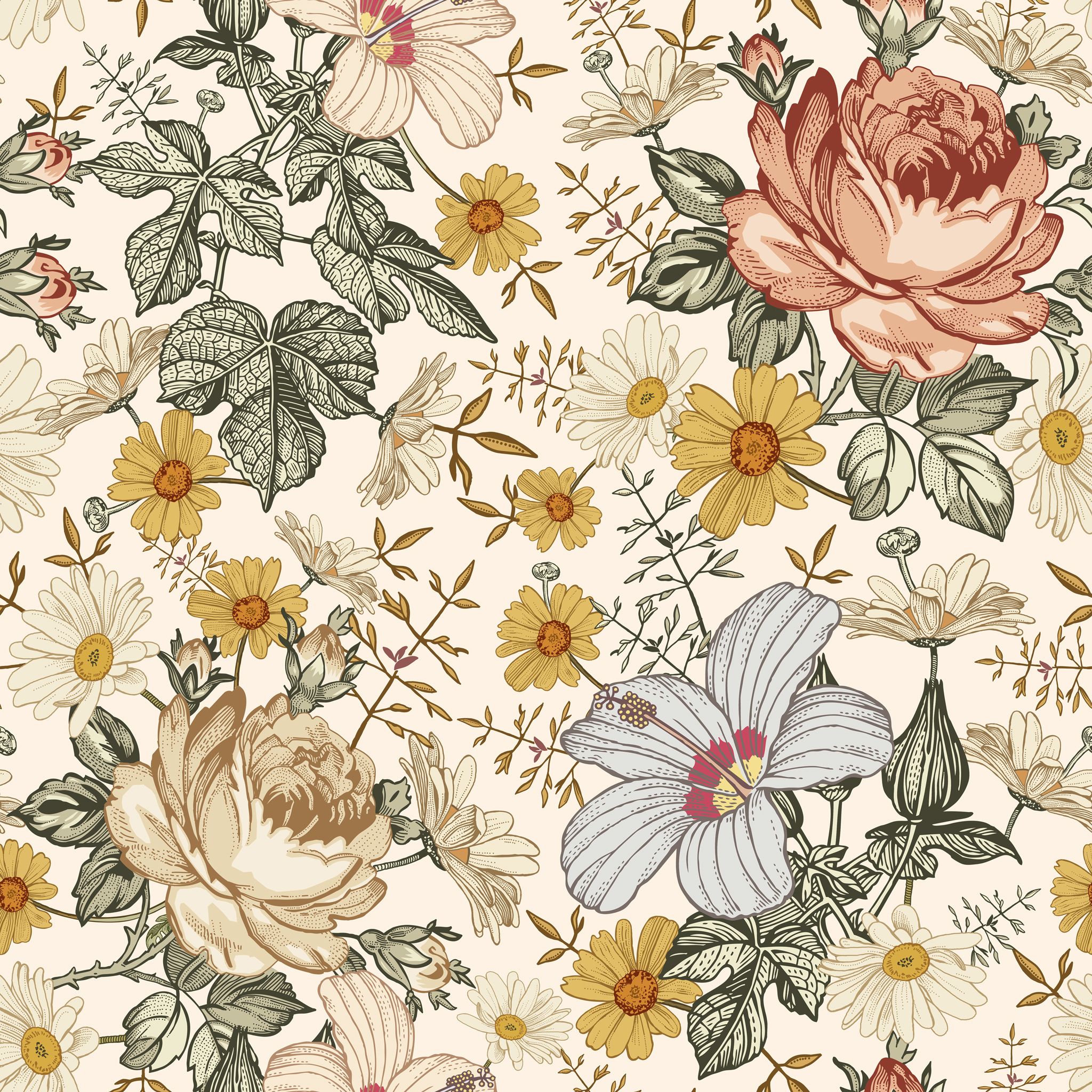 Mia (Cream) Wallpaper by Wall Blush, Vintage Floral Design in a Chic Living Room.
(Note: This alt text assumes that the wallpaper is intended for a living room based on the style, as the image itself does not depict a room.)