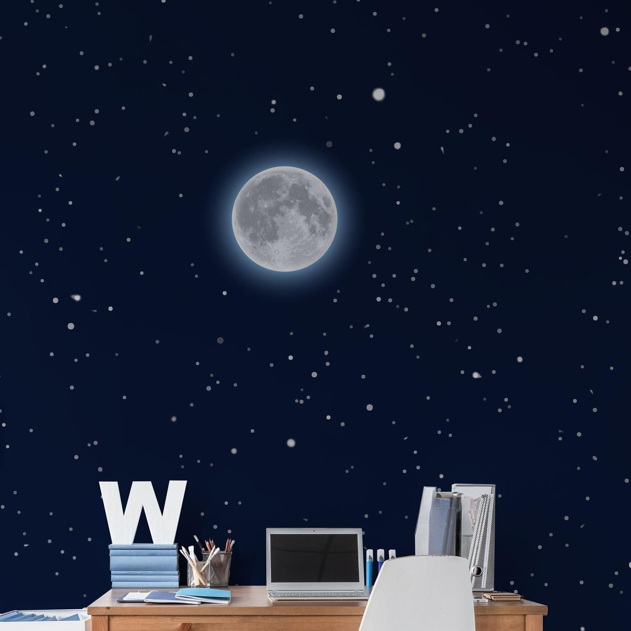 Moonlight Wallpaper by Wall Blush in stylish home office, featuring a celestial theme with stars and full moon.