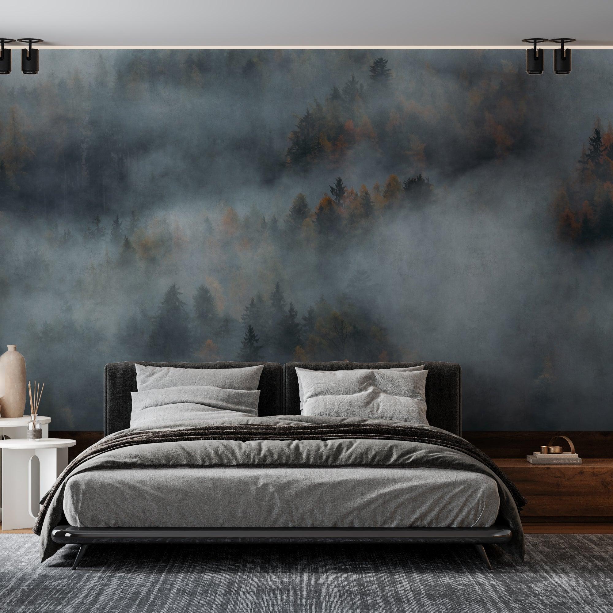 Mystic Wallpaper by Wall Blush SG02 in modern bedroom, featuring tranquil forest design as focal wall.