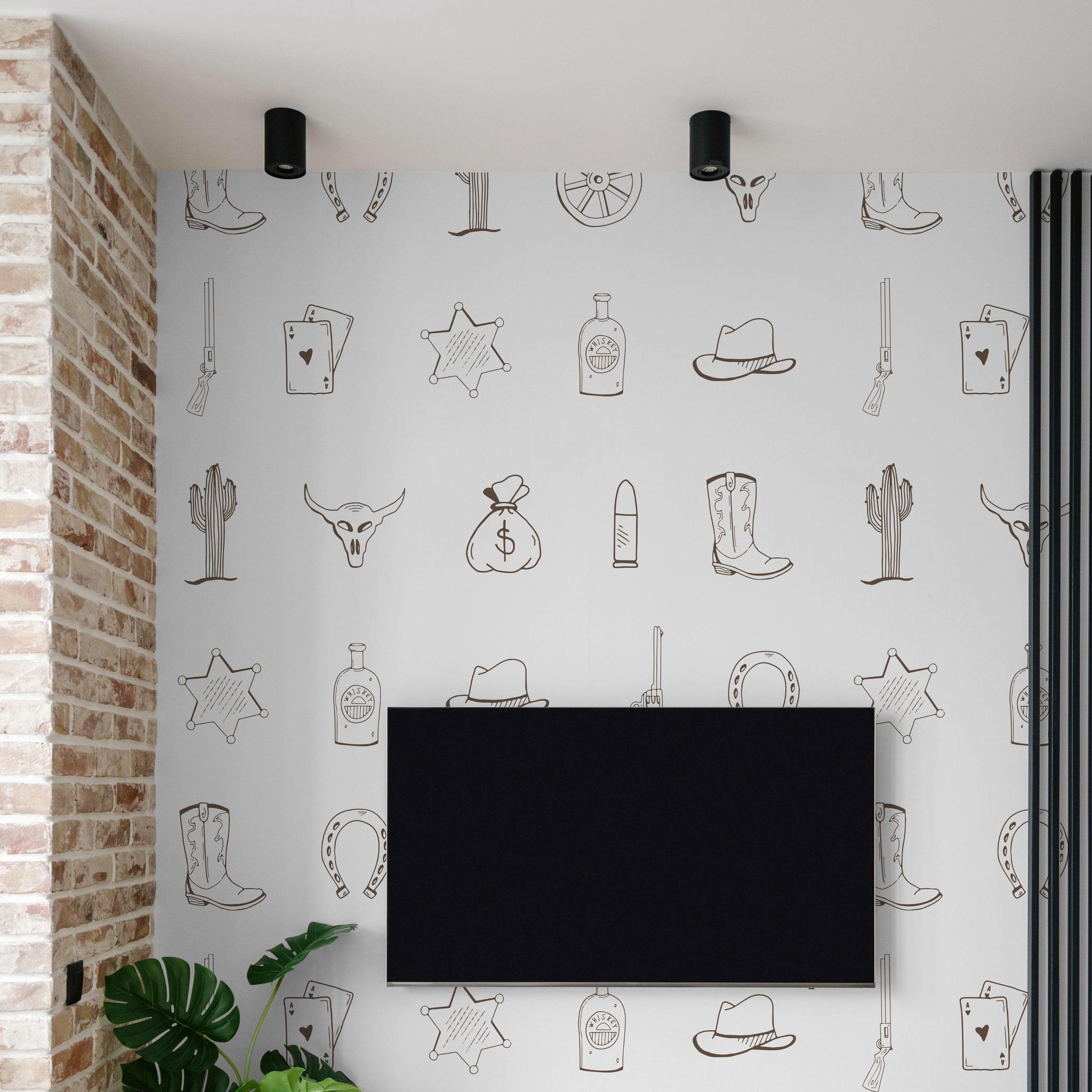 Stylish living room featuring Wall Blush SG02's Outlaw (Brown) Wallpaper with western motifs.