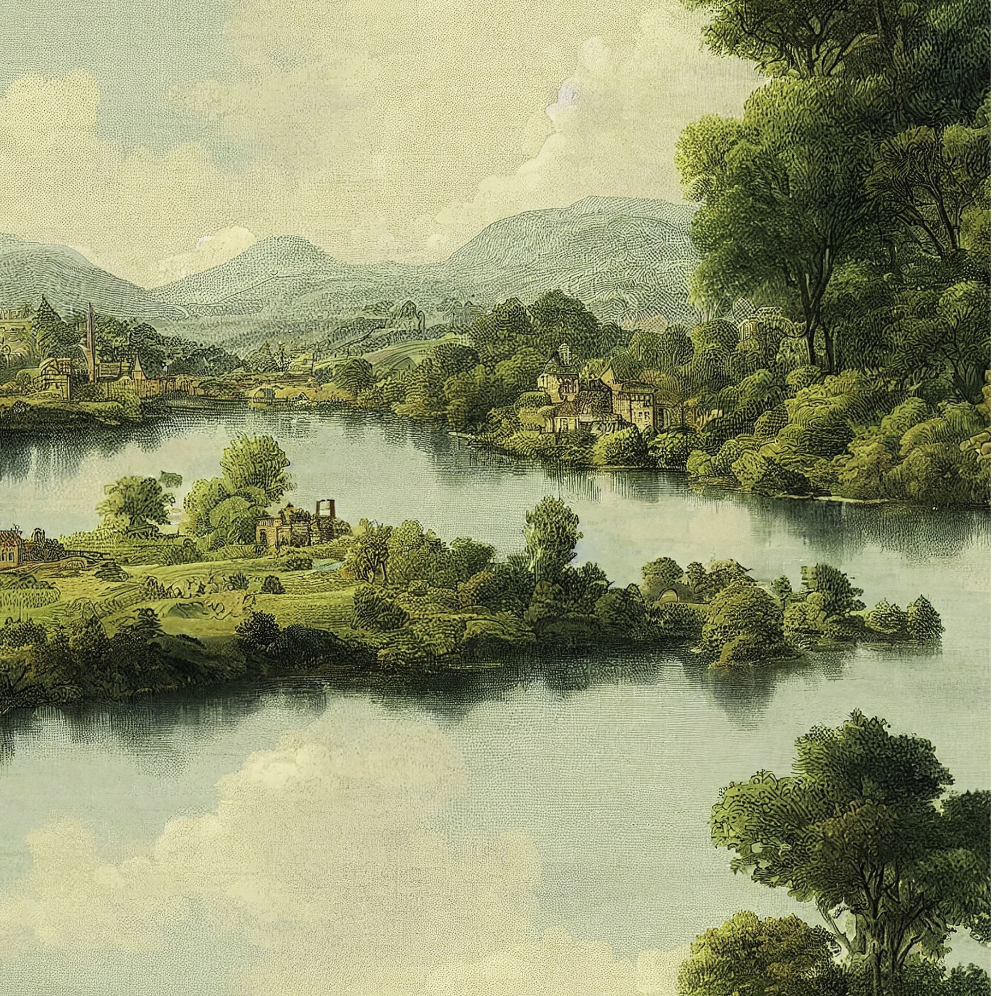 "Piedmont Wallpaper by Wall Blush in a traditional room setting, featuring a rustic landscape design."