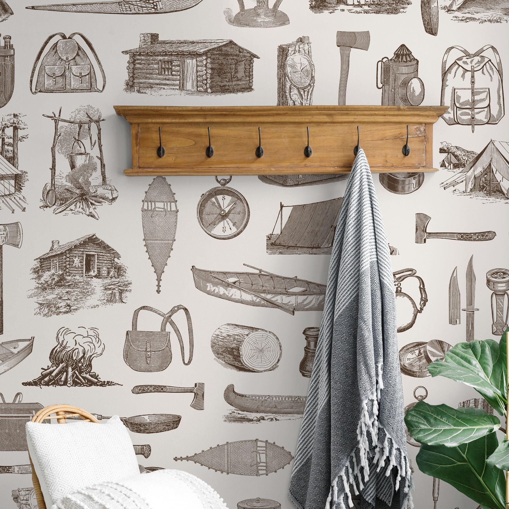 Scout (Brown) Wallpaper by Wall Blush SG02 in a stylish entryway with decor accents, focusing on pattern detail.