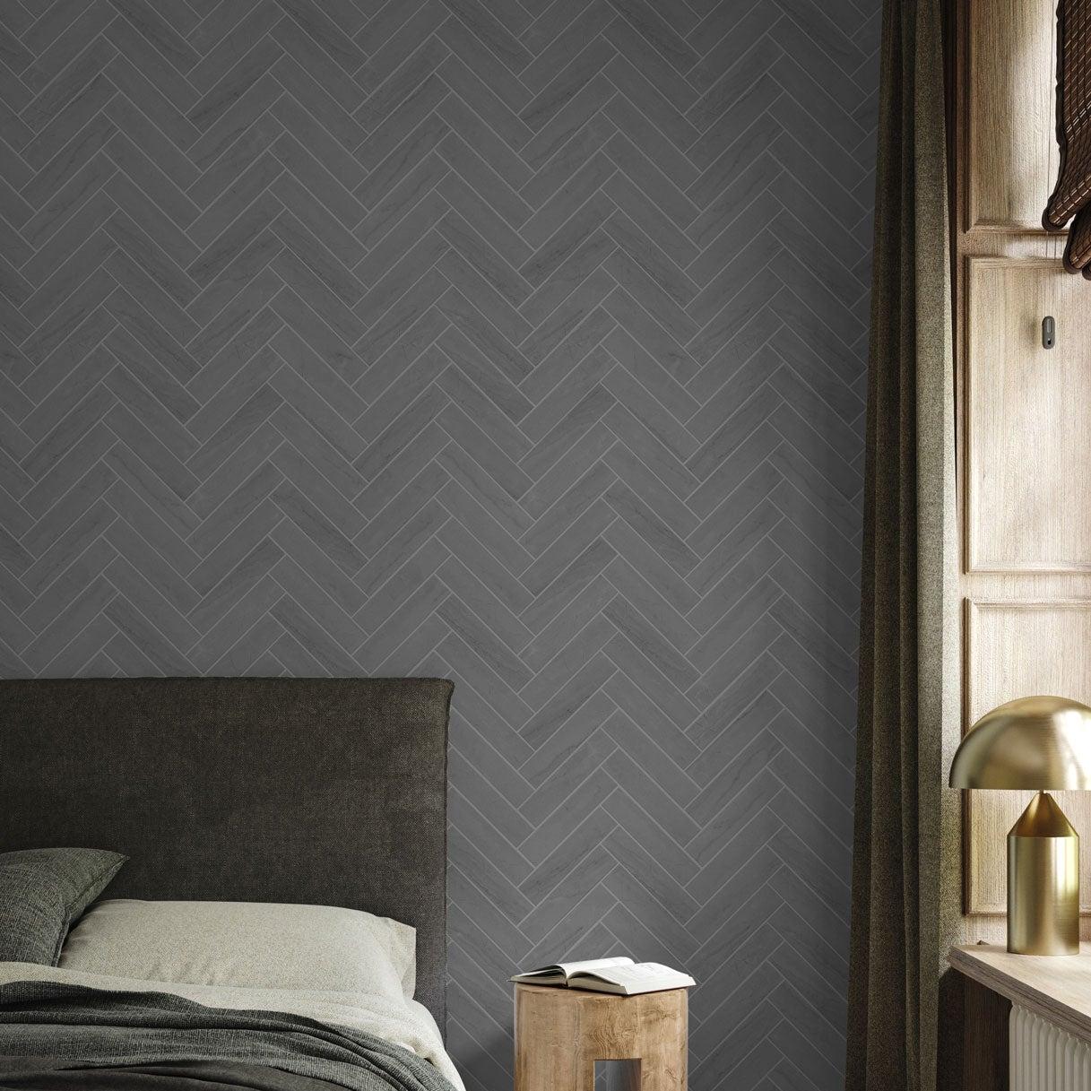 See You Slater Wallpaper by The Kail Lowry Line in a cozy bedroom setting, highlighting the elegant wall design.