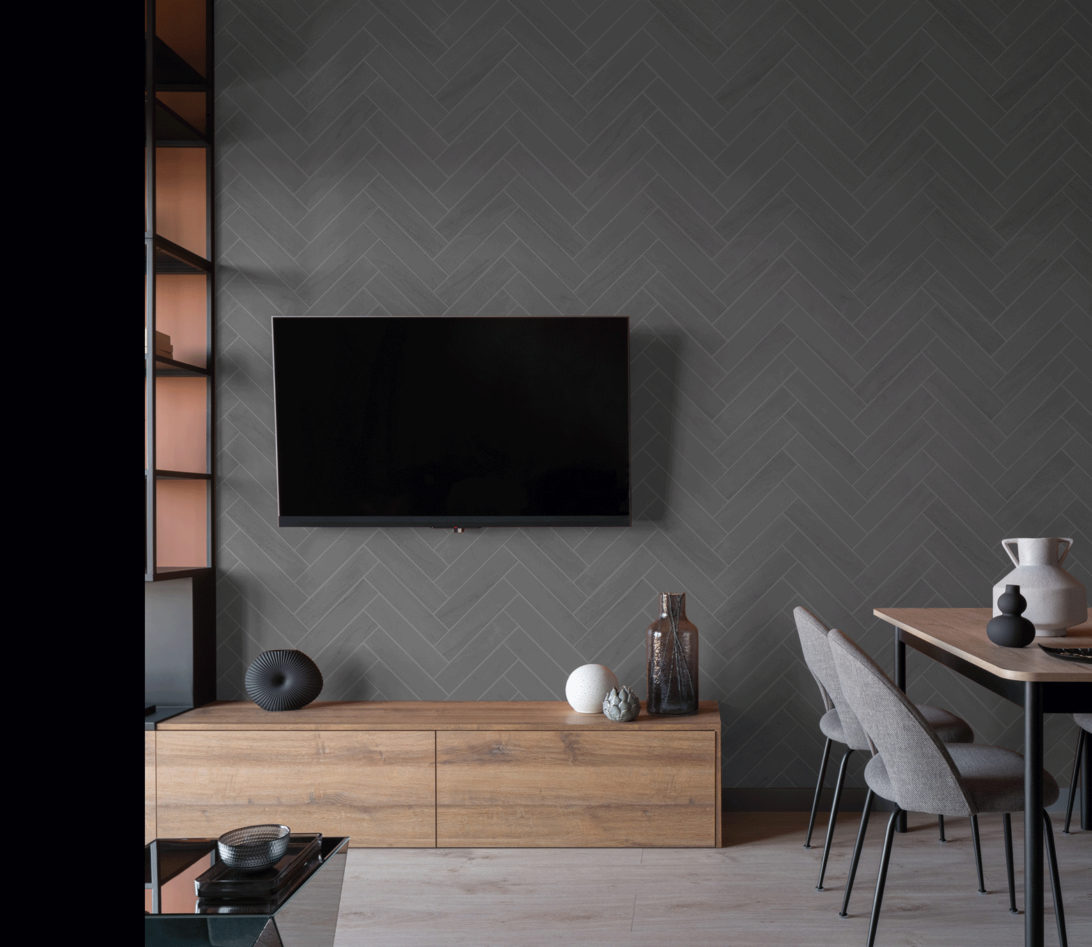 See You Slater Wallpaper from The Kail Lowry Line in a modern living room setup, highlighting elegant herringbone pattern.