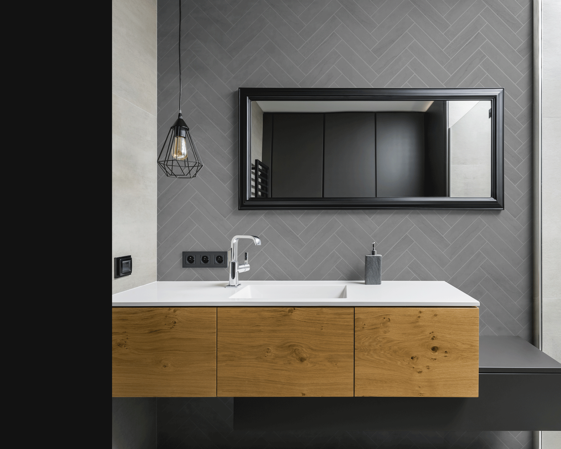 See You Slater Wallpaper from The Kail Lowry Line featured in a modern bathroom, highlighting sleek design focus.