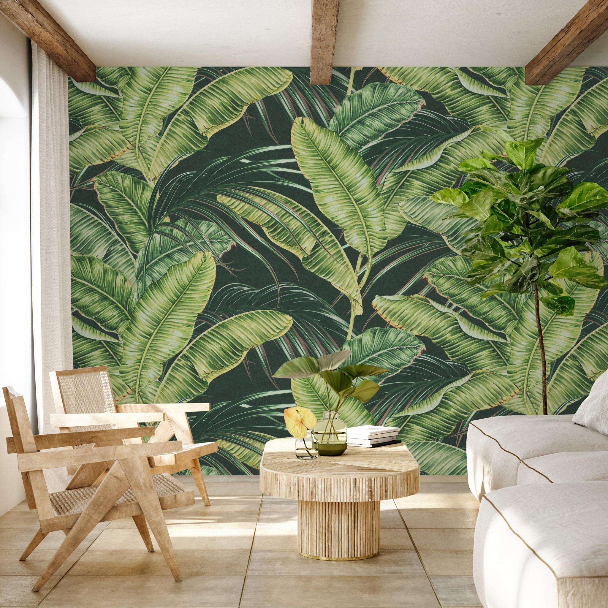 Sterlitzia Wallpaper by Wall Blush SG02 featured in modern living room with a botanical theme.