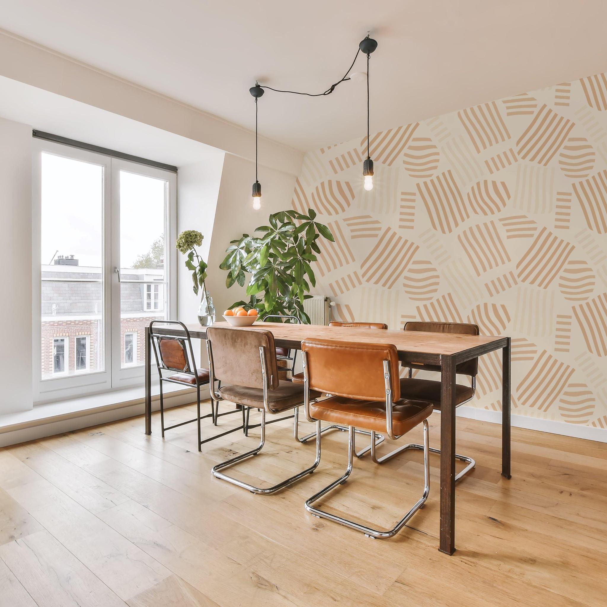 Wall Blush SG02's Sugar Sugar Wallpaper in a Modern Dining Room, Geometric Pattern Focus.