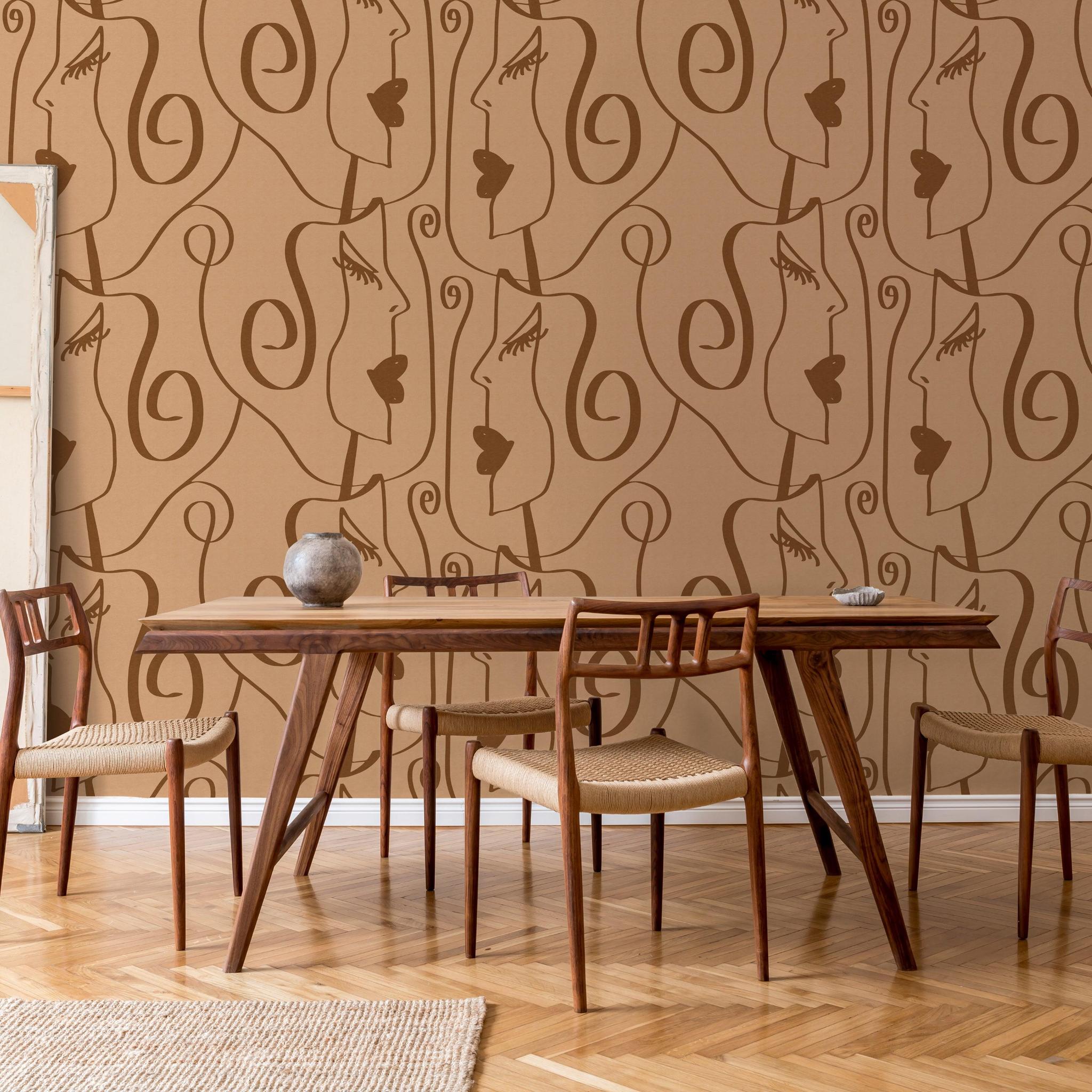 Tess Wallpaper by Wall Blush SG02 in a stylish dining room, with artistic face patterns as the focal point.