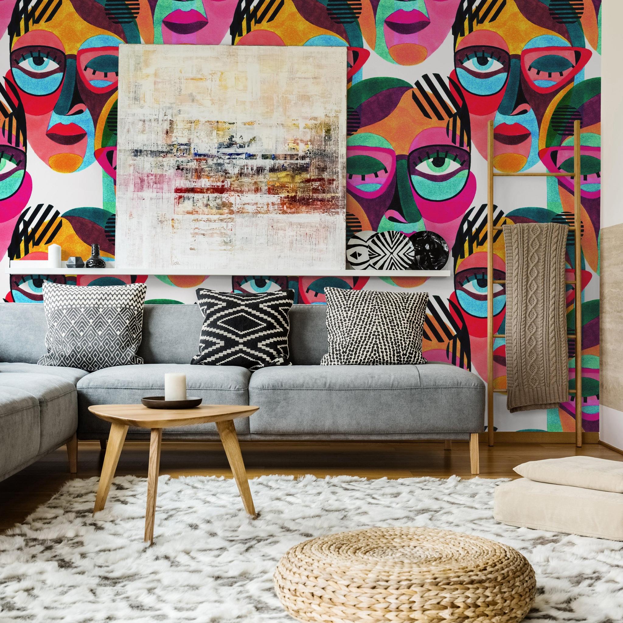 Tucci Wallpaper by Wall Blush SG02, vibrant design in cozy living room with fireplace focus.