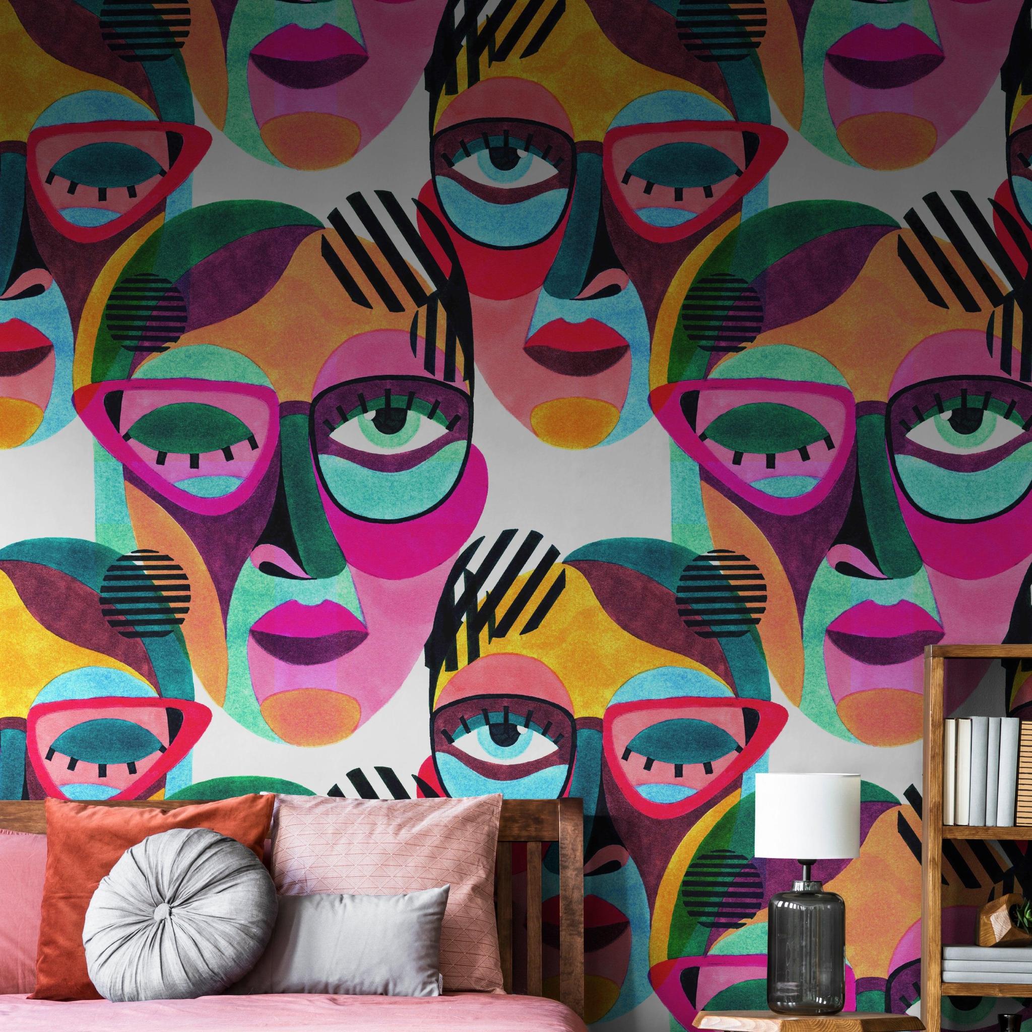 Trendy Tucci Wallpaper by Wall Blush SG02 featured in a stylish bedroom interior with a focus on vibrant design.