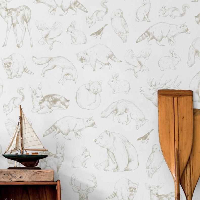 Waverley Wallpaper by Wall Blush SM01 in a stylish home office, highlighting elegant animal sketches.