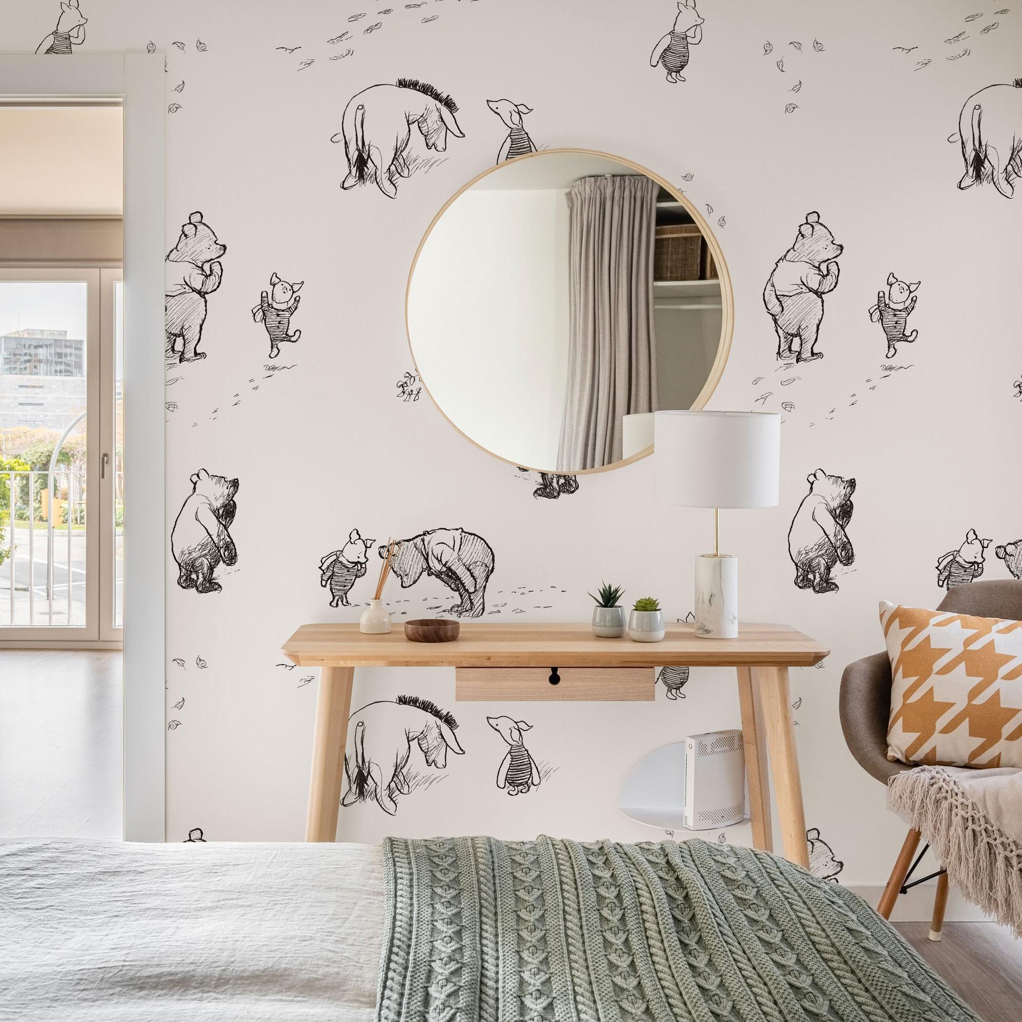 Winnie Wallpaper from Wall Blush SM01 in a cozy bedroom, highlighting whimsical bear sketches as the focal decor.