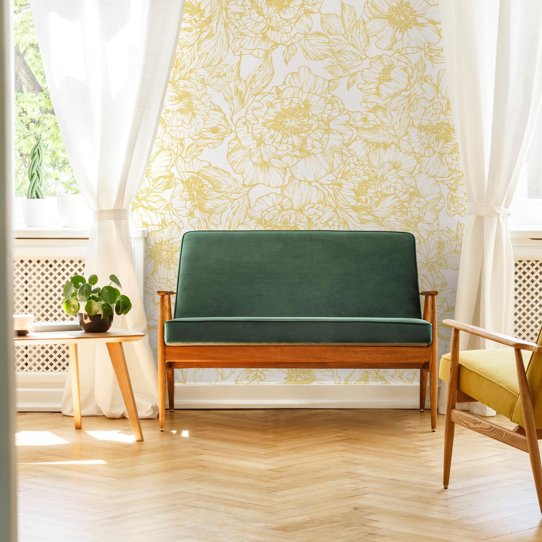 The Dutchess (Mustard) Wallpaper by The Ania Zwara Line in modern living room.
