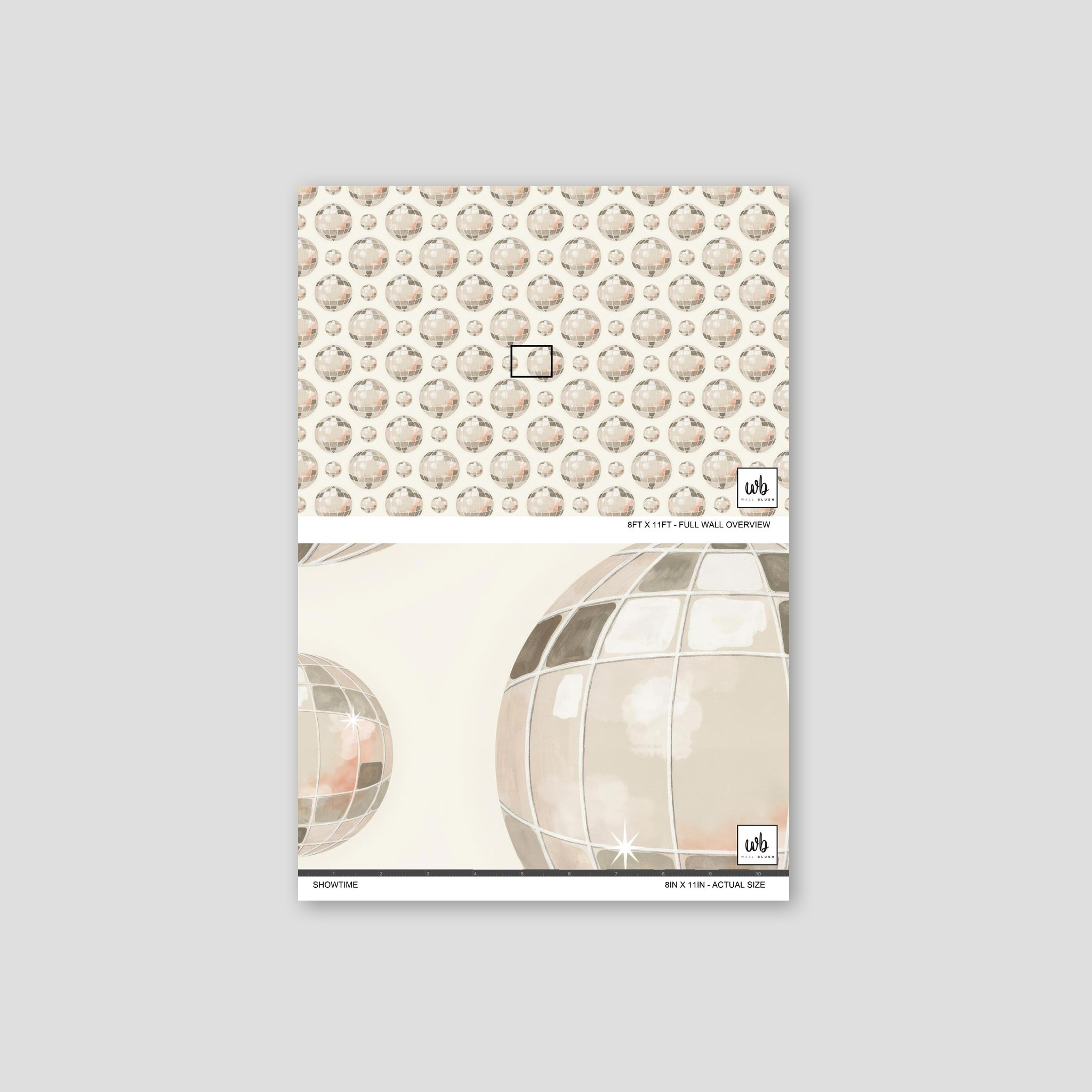Abstract geometric wallpaper with taupe and blush mirrored globes on pale background.