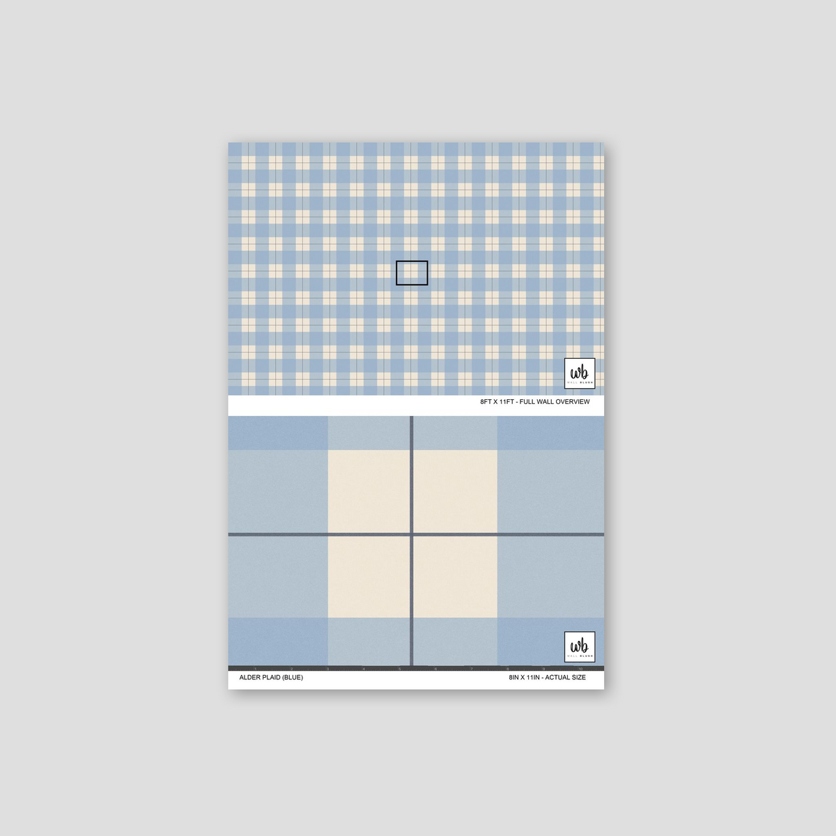 Blue and ivory plaid wallpaper sample with grid pattern.