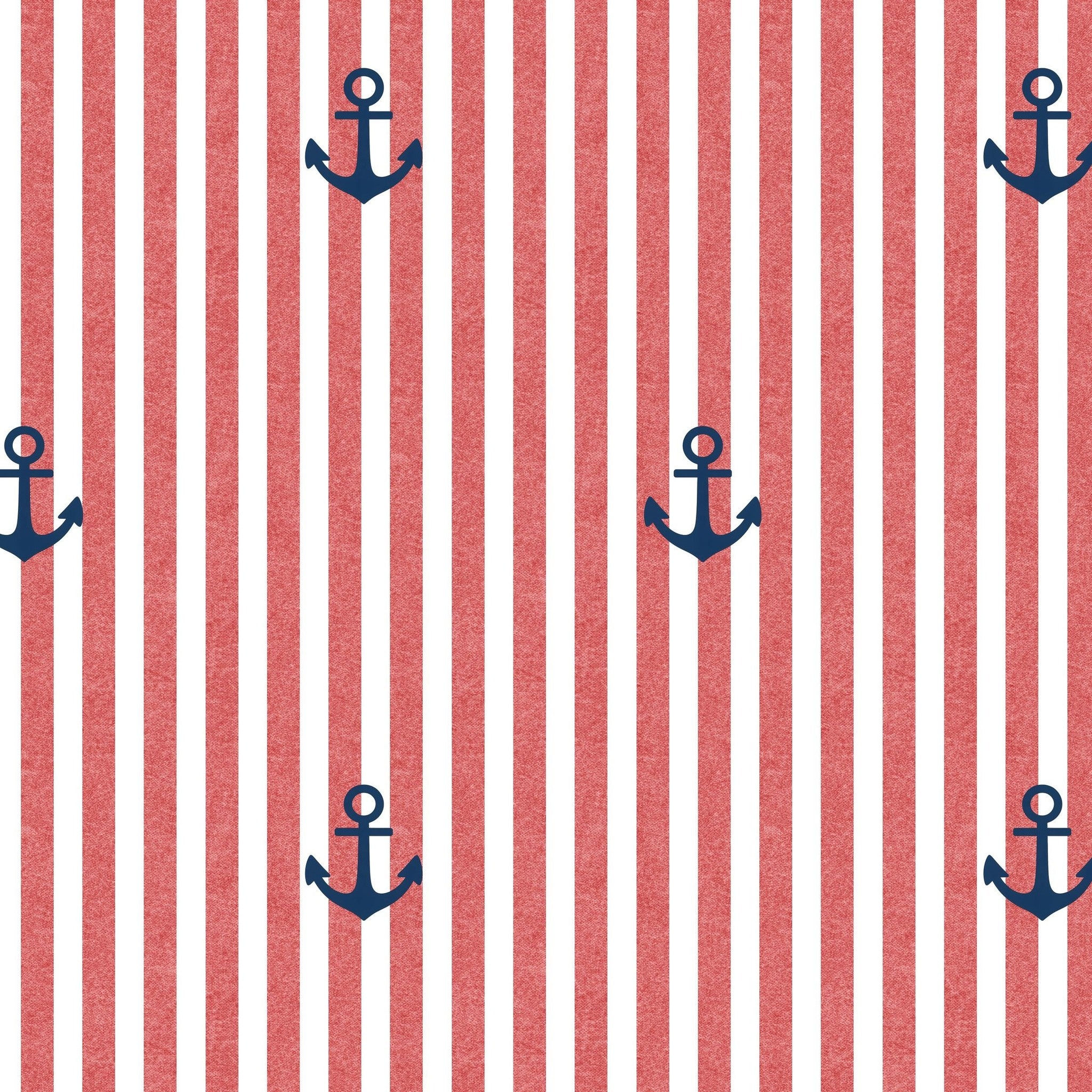 Red and white striped wallpaper with blue anchors, nautical theme