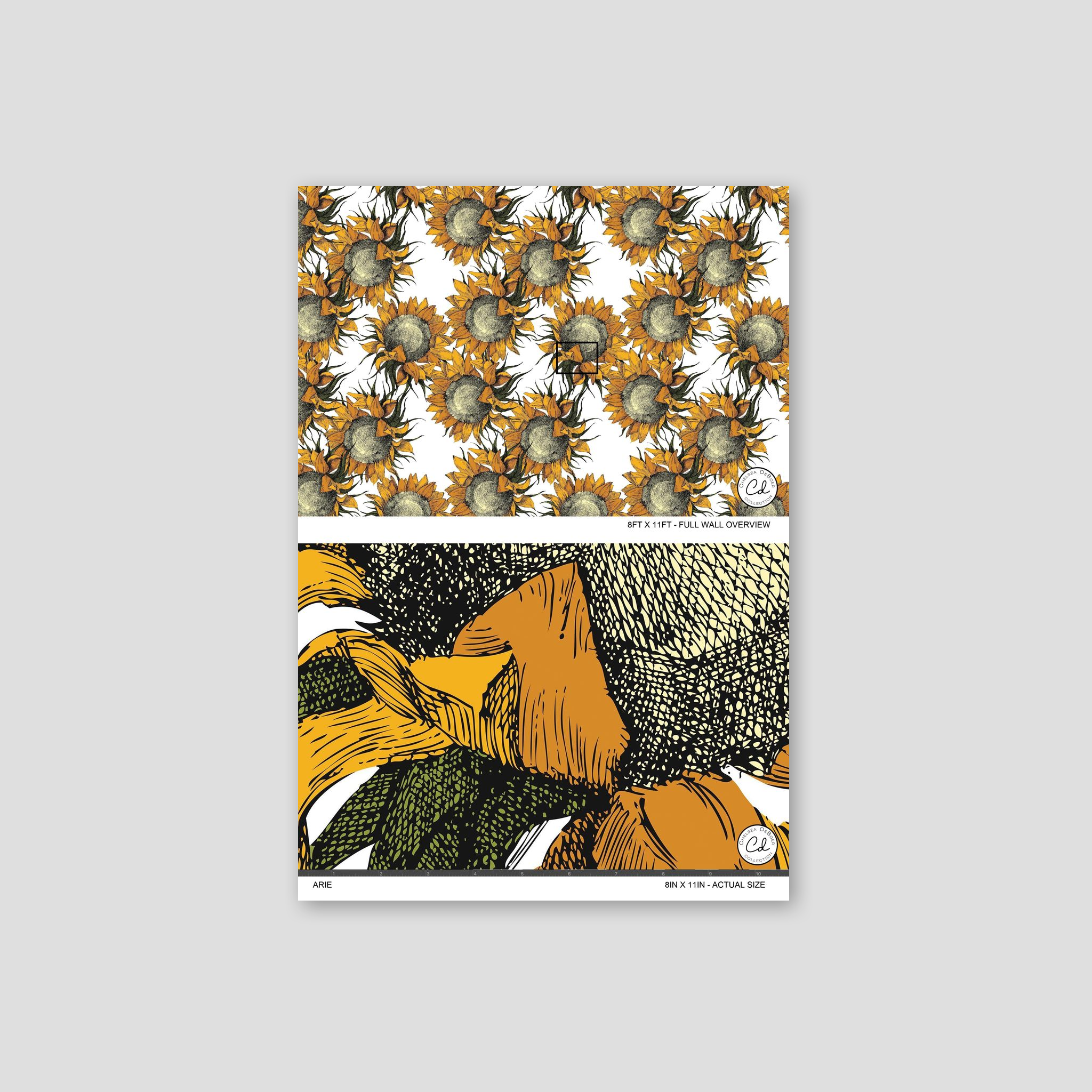 Arie wallpaper with vibrant sunflower pattern in golden yellows and greens.