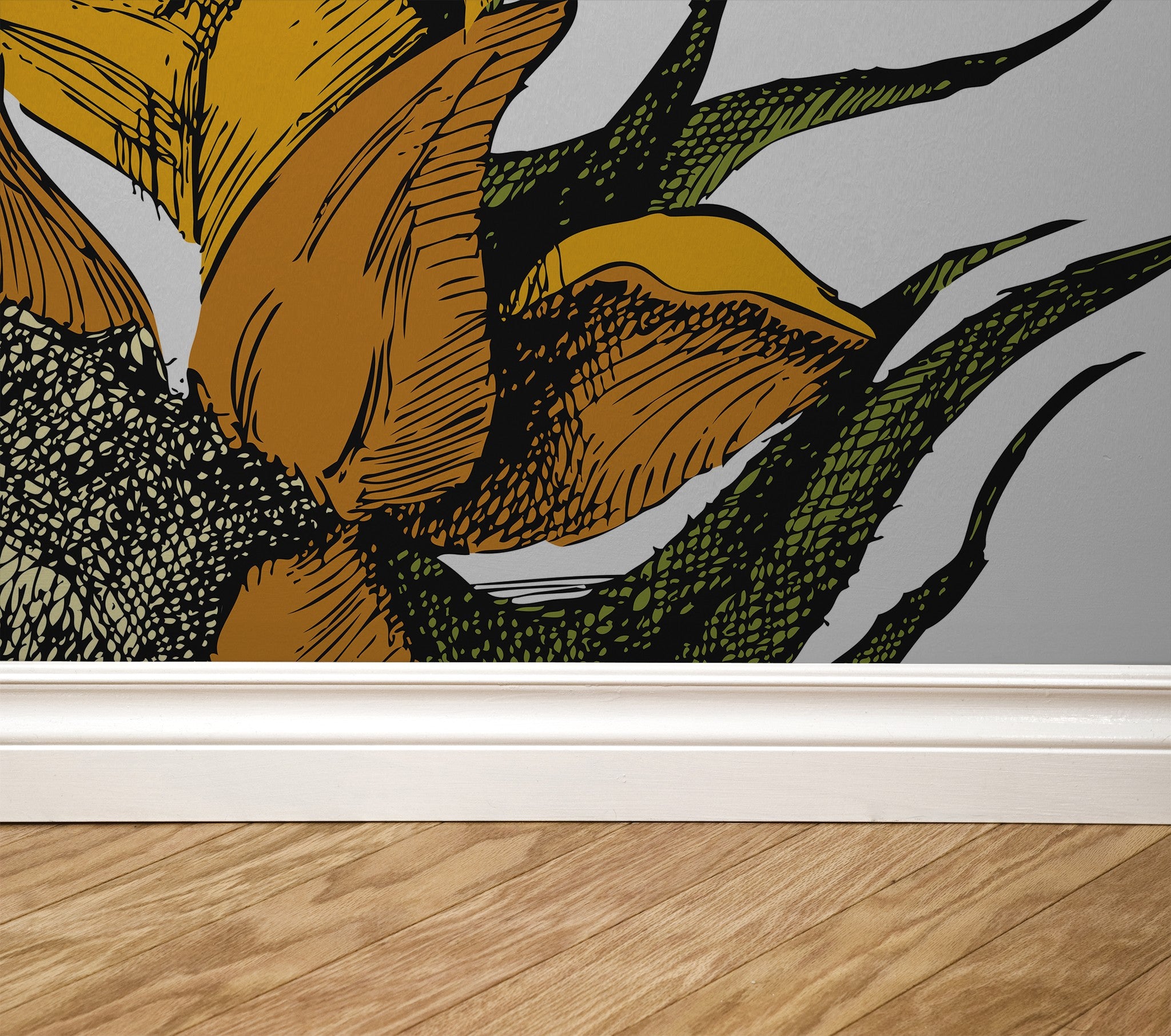 Arie wallpaper with vibrant sunflower design in golden yellow and green, close-up view.