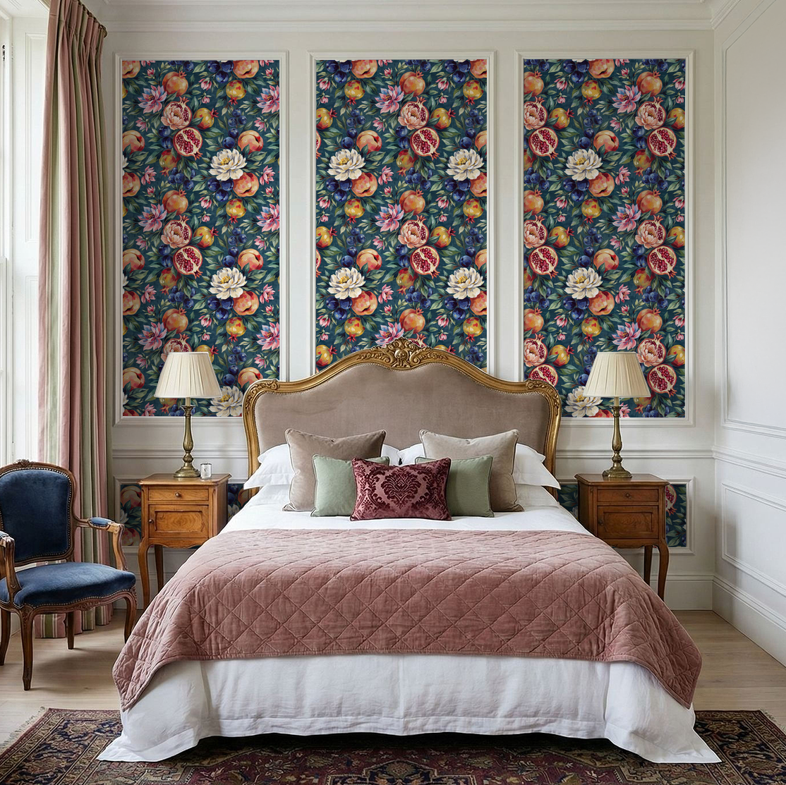 Bedroom with Artisan Orchard wallpaper featuring teal backdrop, pomegranates, blueberries, and florals.
