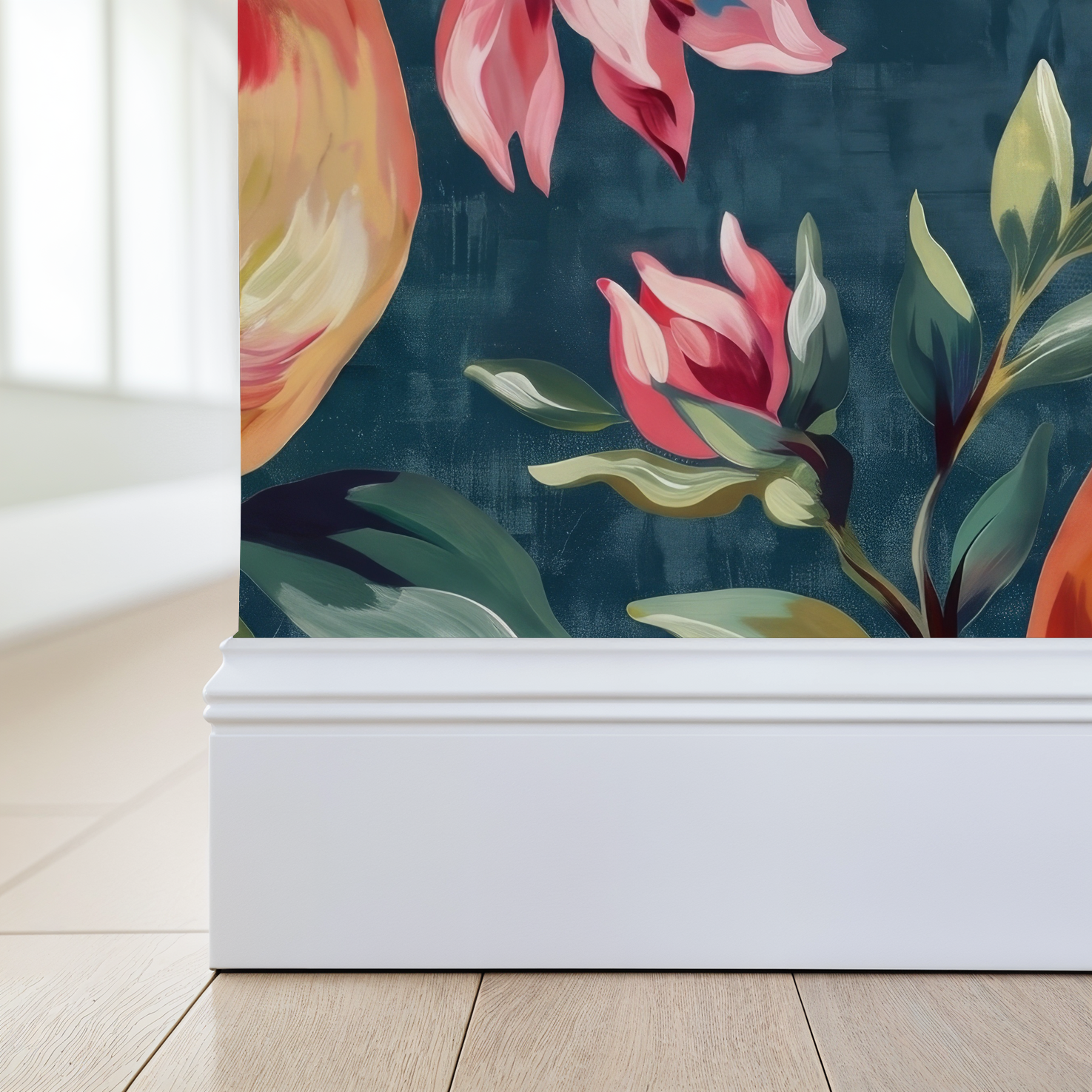 Artisan Orchard wallpaper with vibrant florals on a moody teal background.