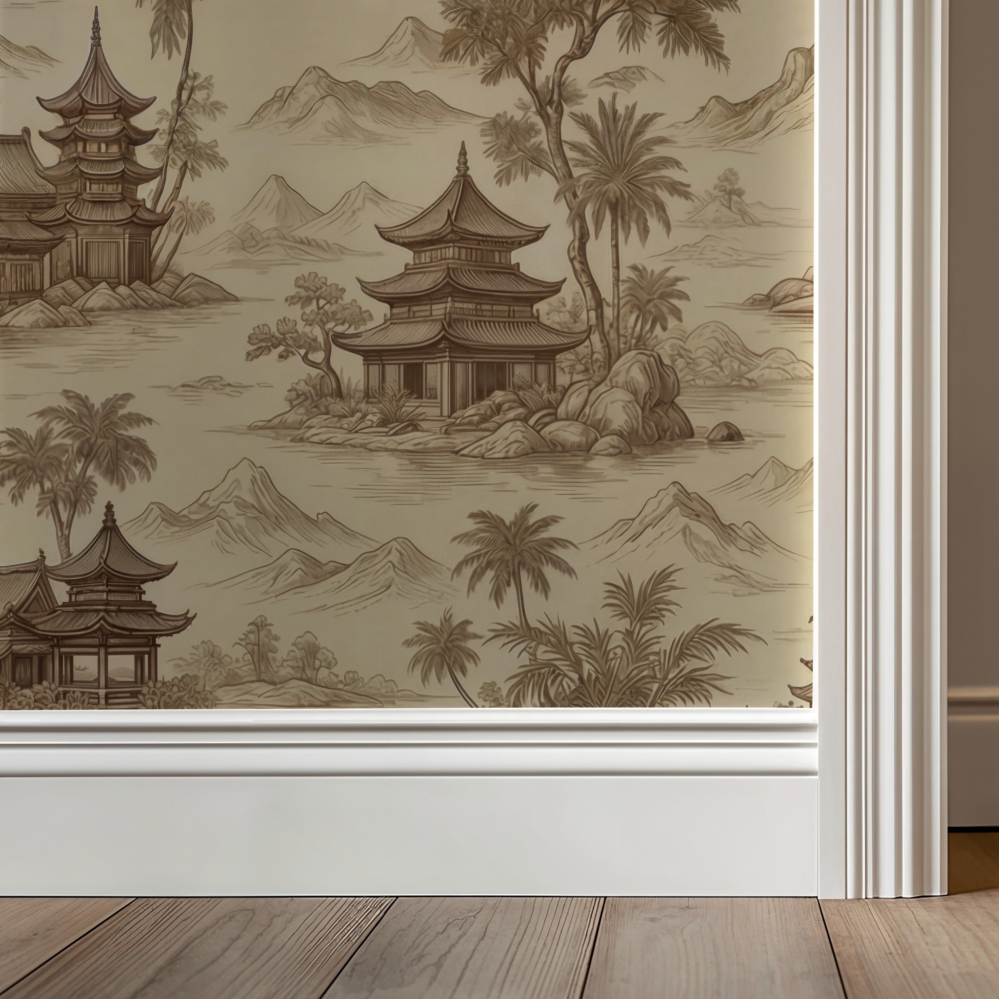Asian scenic wallpaper with pagodas and nature in beige tones in interior setting.