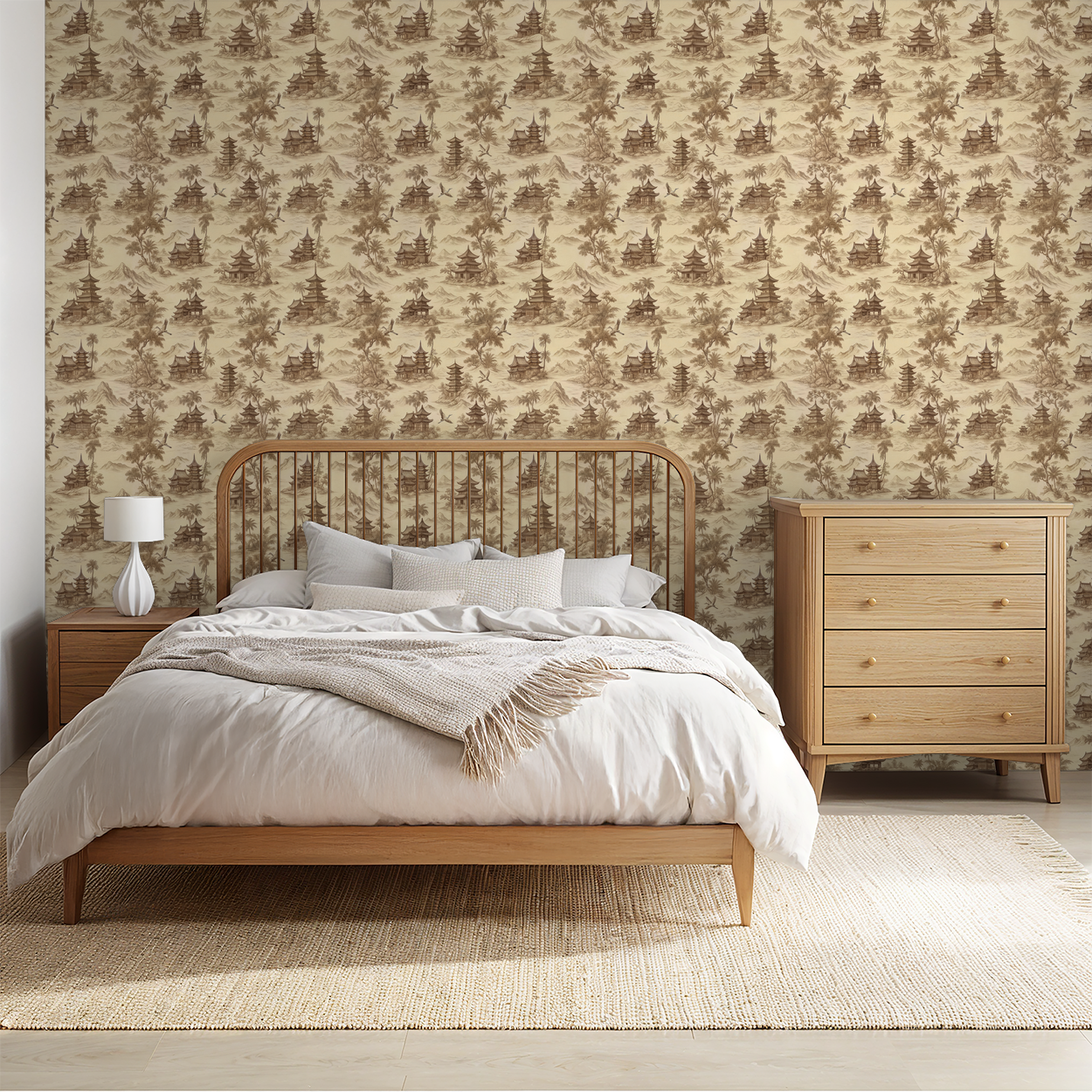 Asian scenic wallpaper in a cozy bedroom with wooden furniture
