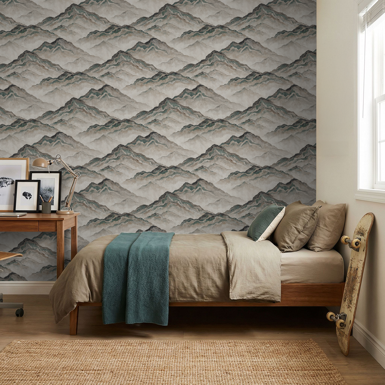 Aurith mountain wallpaper in earthy tones in a cozy bedroom setting.