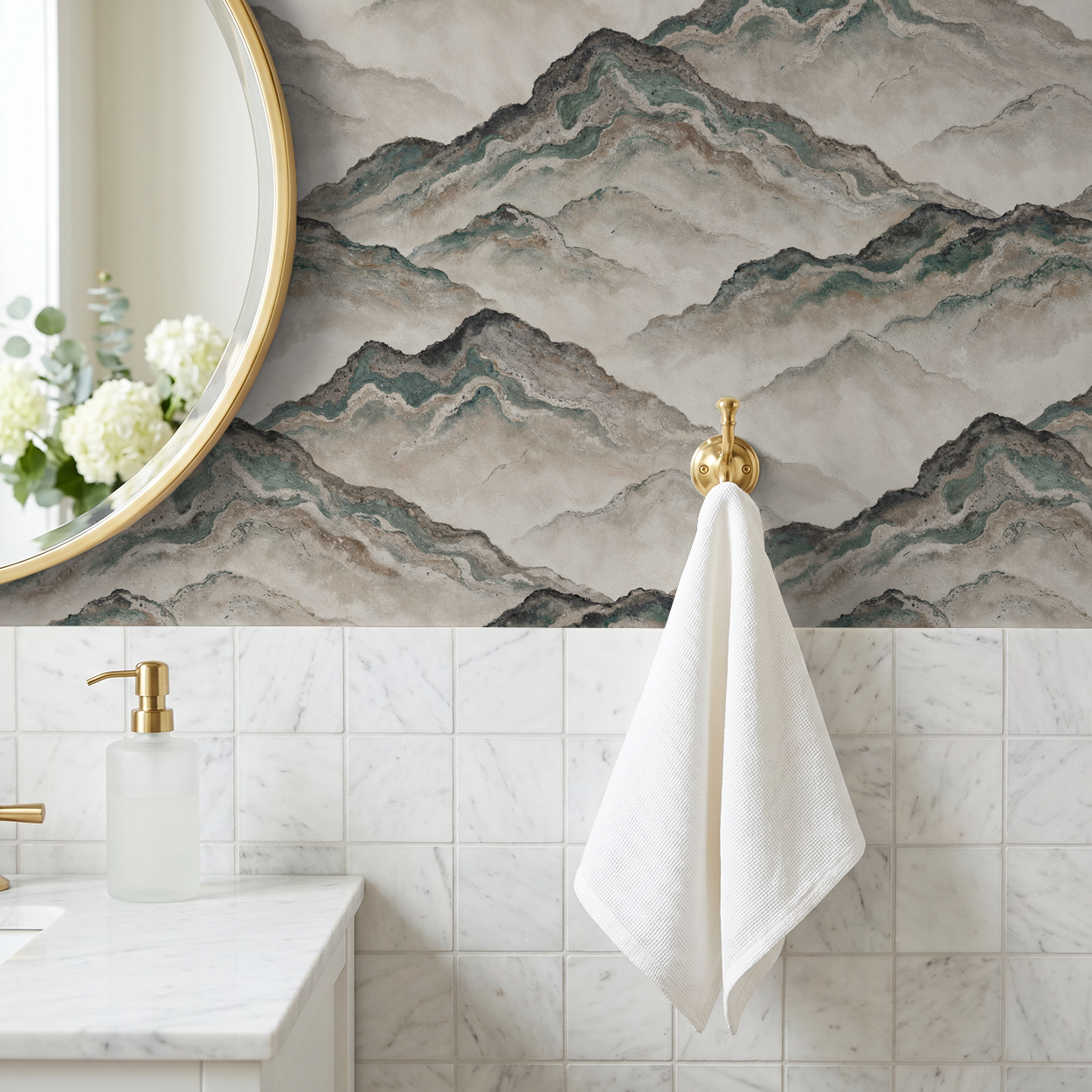 Aurith mountain wave wallpaper in earth tones in a modern bathroom setting.