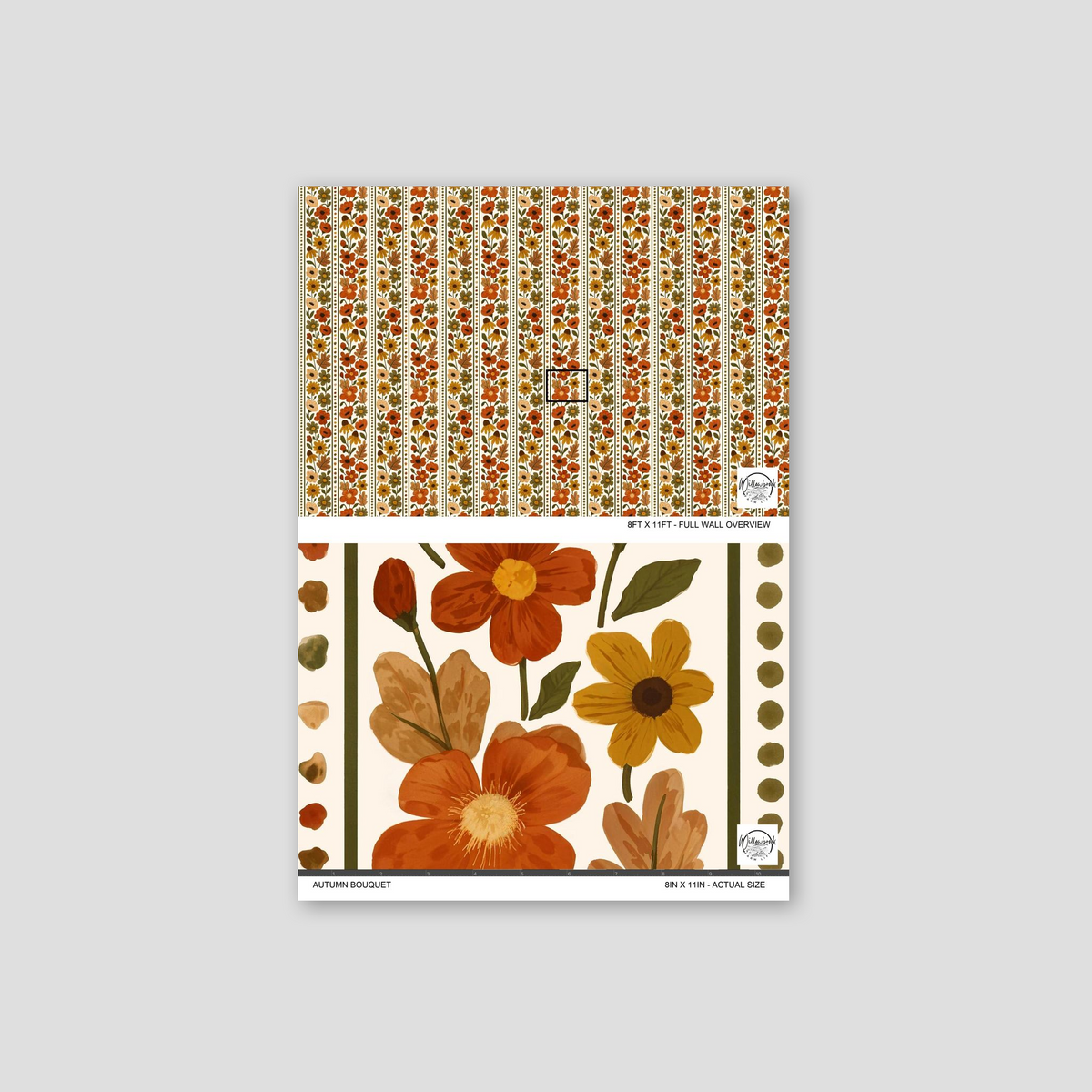 Autumn Bouquet wallpaper with burnt sienna, amber, olive floral pattern.