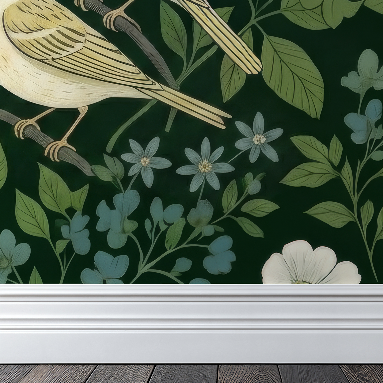 Aviary wallpaper with birds and floral motifs on forest green background.