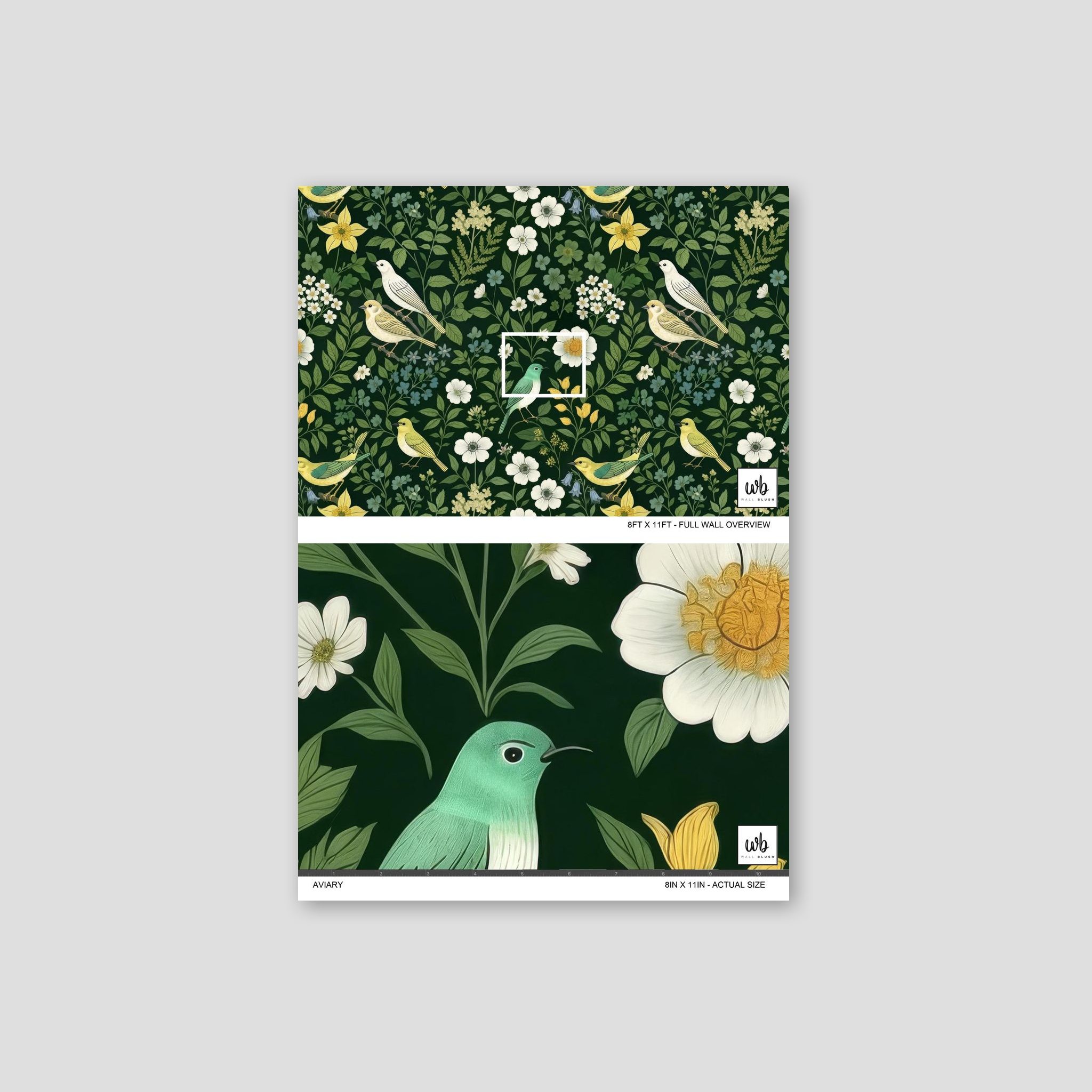 Floral and bird motif wallpaper on forest green background with intricate details.