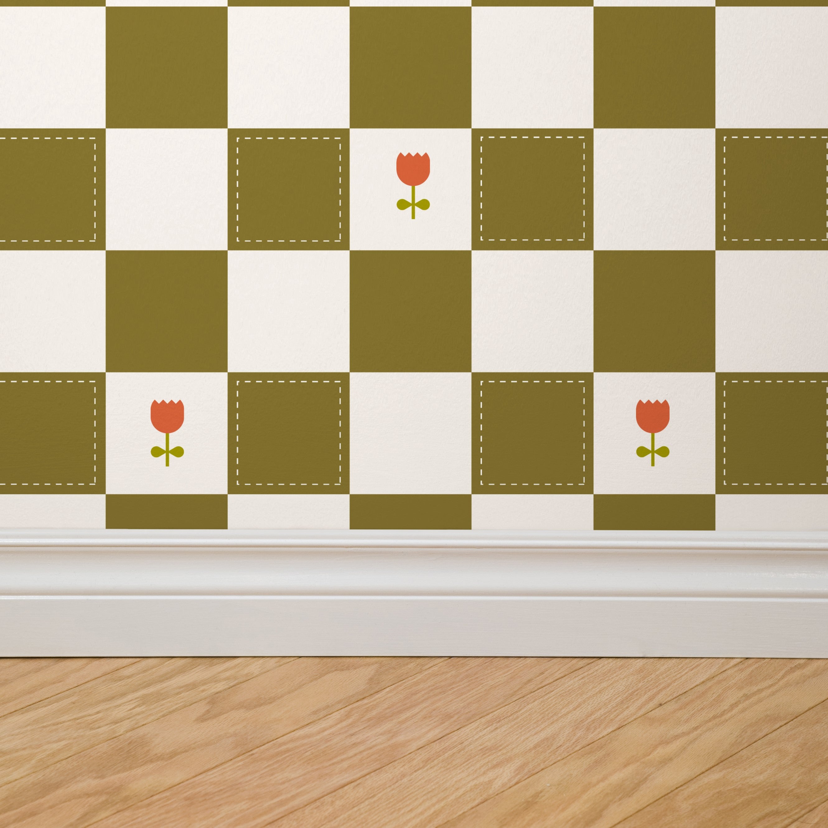 Brenton's Checkered Tulip (Green) Wallpaper - 8 FT H X 12.5 FT W