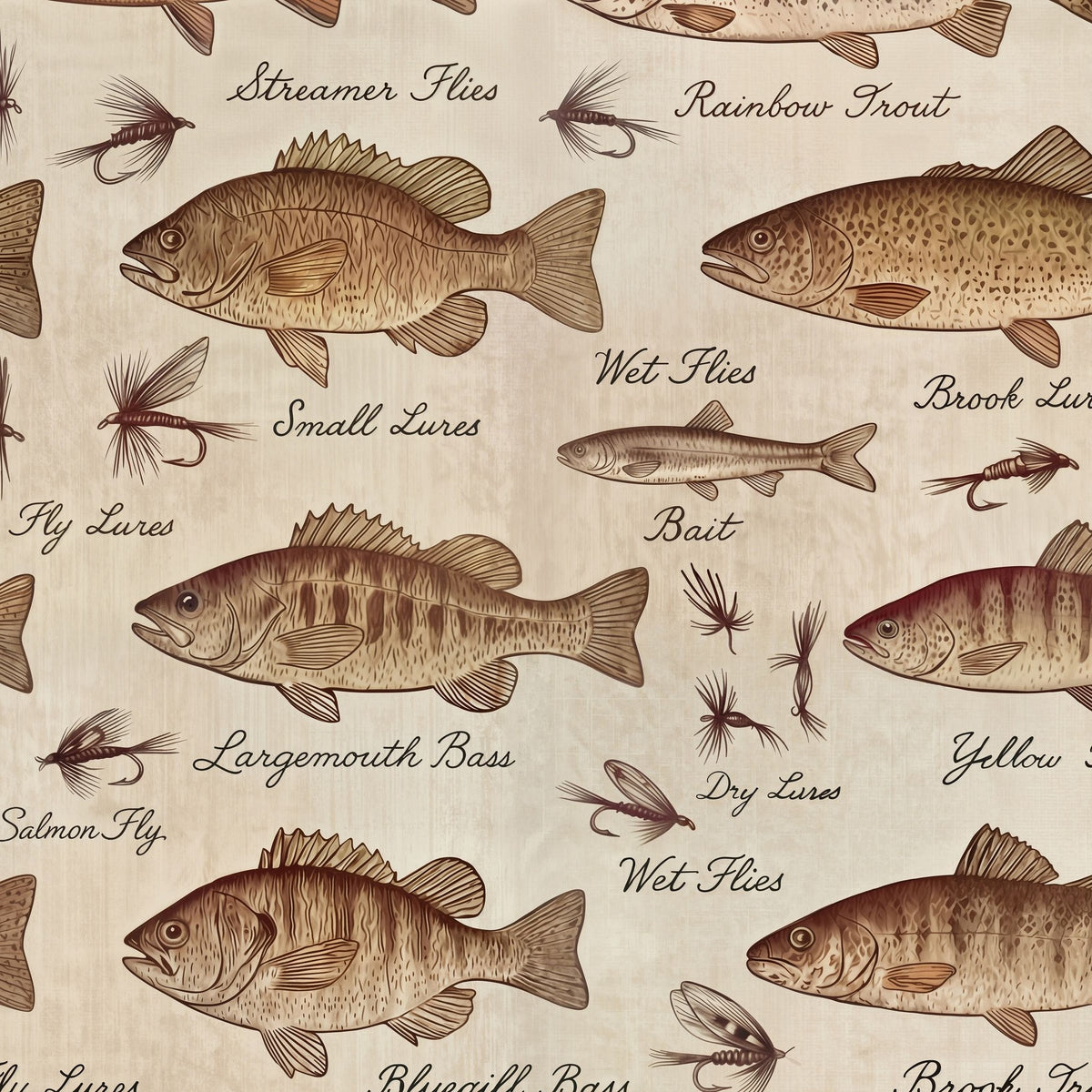 Beige wallpaper with detailed fish and lure illustrations, featuring bass and trout.
