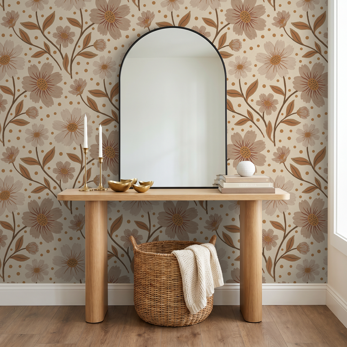 Beige floral wallpaper with brown and cream flowers in a cozy room setting.