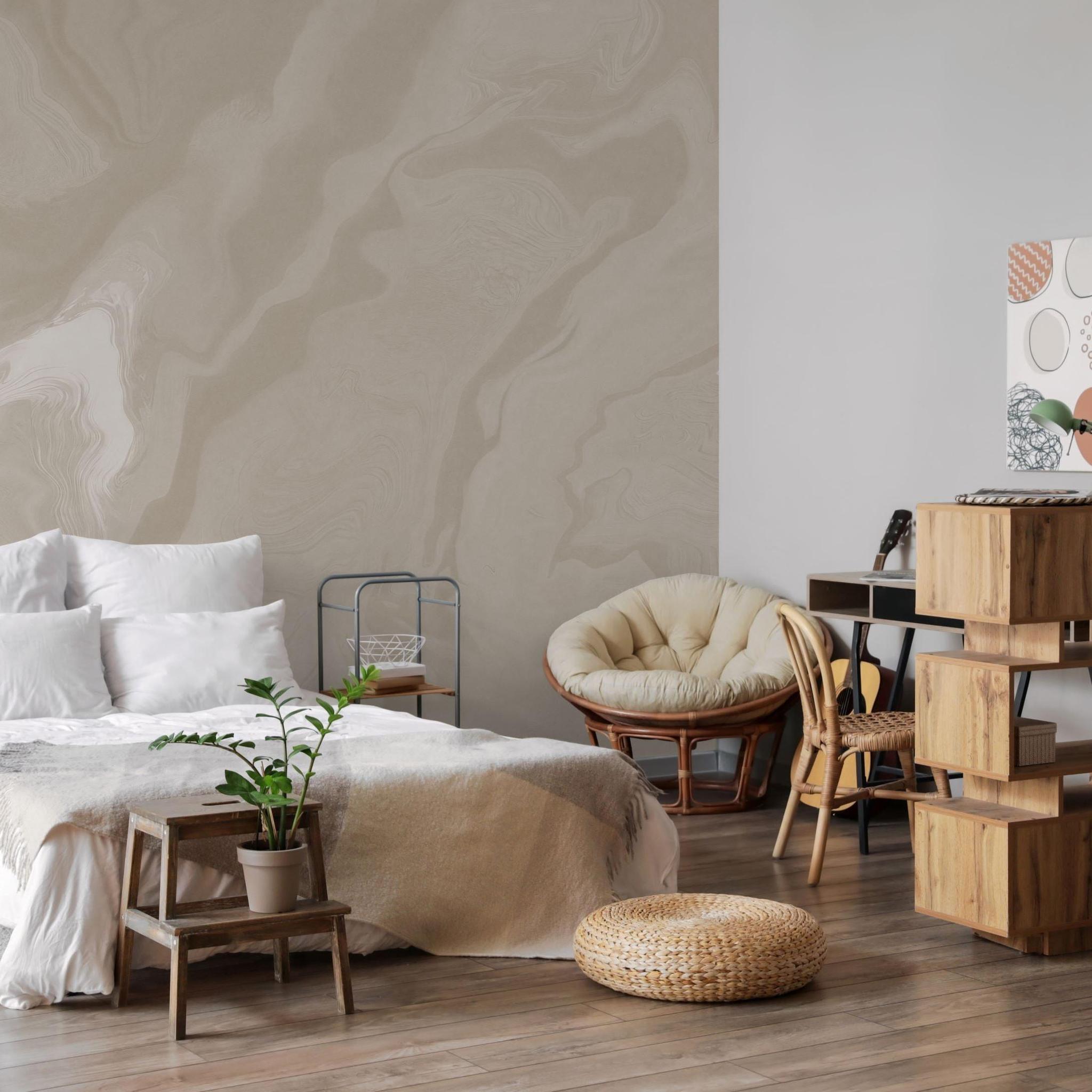 Stylish Whisper Wallpaper from The Stefanie Bloom Line enhancing a chic bedroom's ambiance.