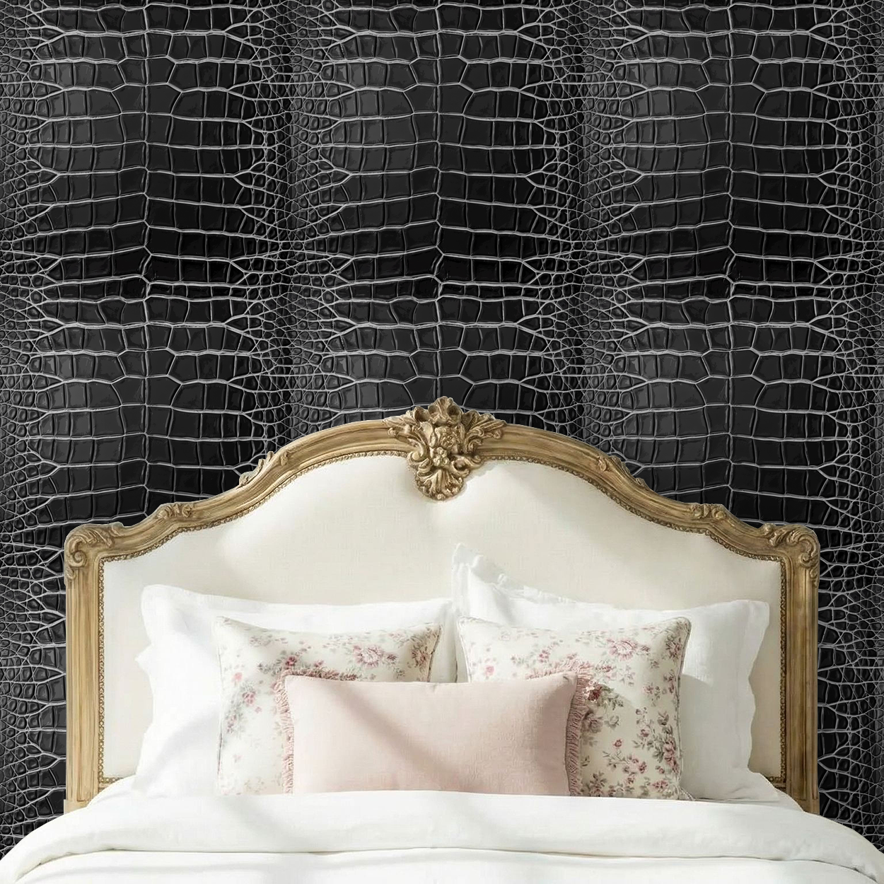 Luxurious black crocodile skin pattern wallpaper in elegant bedroom setting.