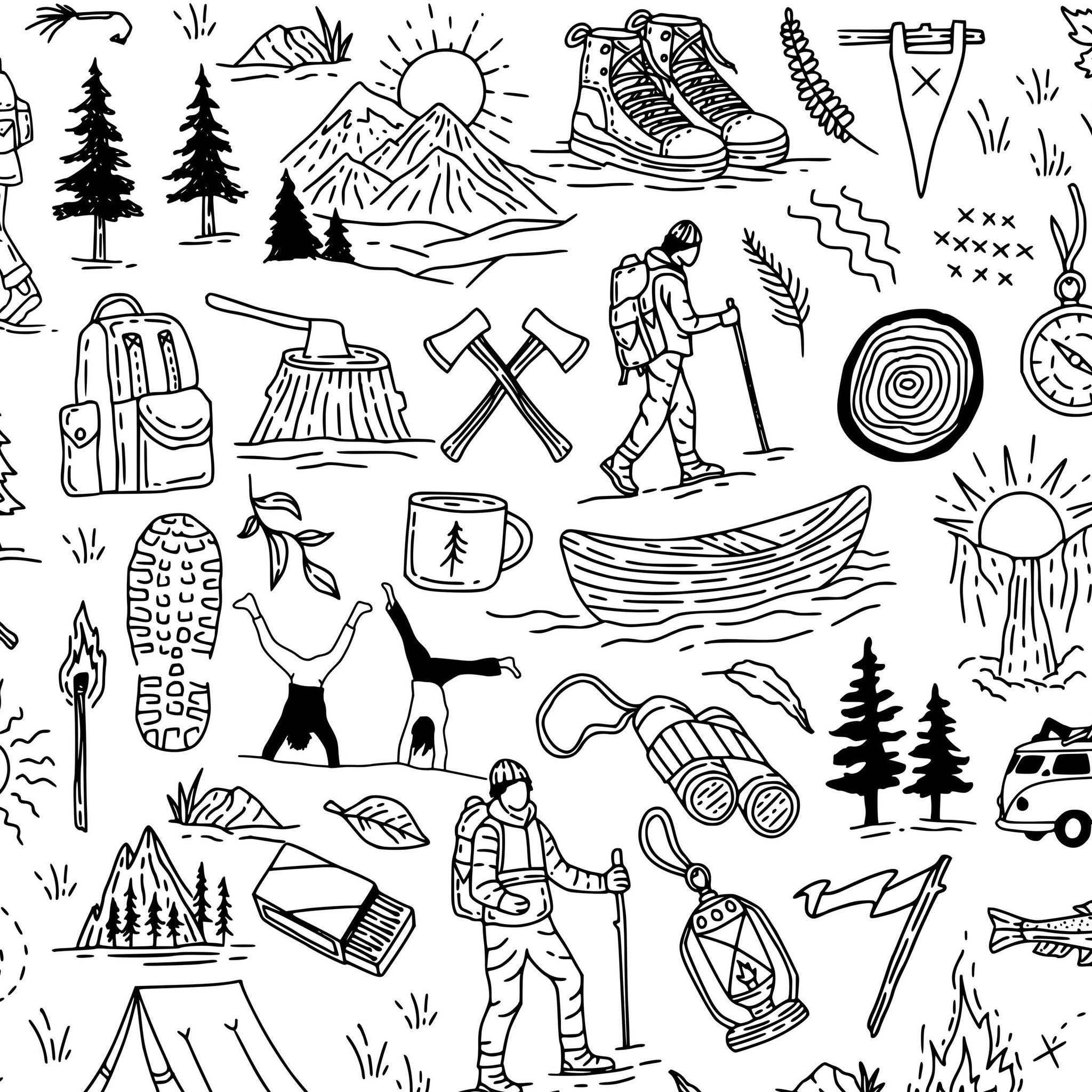 Black and white adventure-themed wallpaper with hiking and camping motifs.