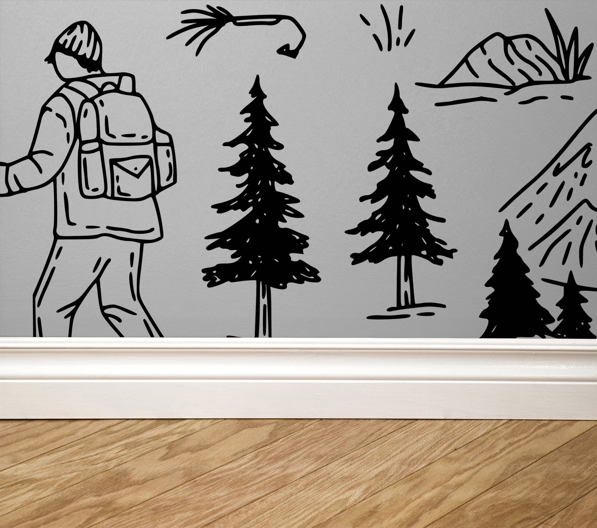 Black and white adventure-themed wallpaper with hiking and nature motifs.