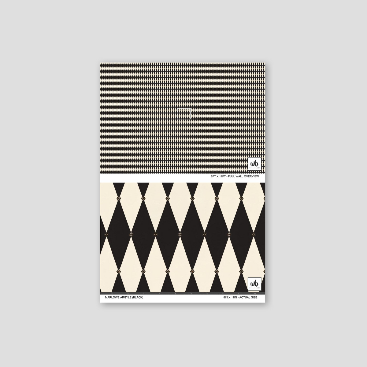 Black and white argyle diamond pattern wallpaper sample.