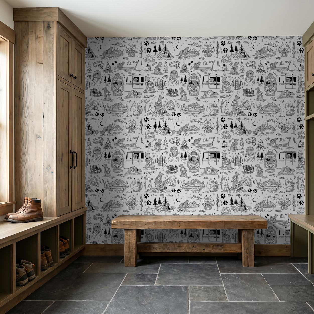 Black and white whimsical dog adventure wallpaper in rustic room with wooden furniture.