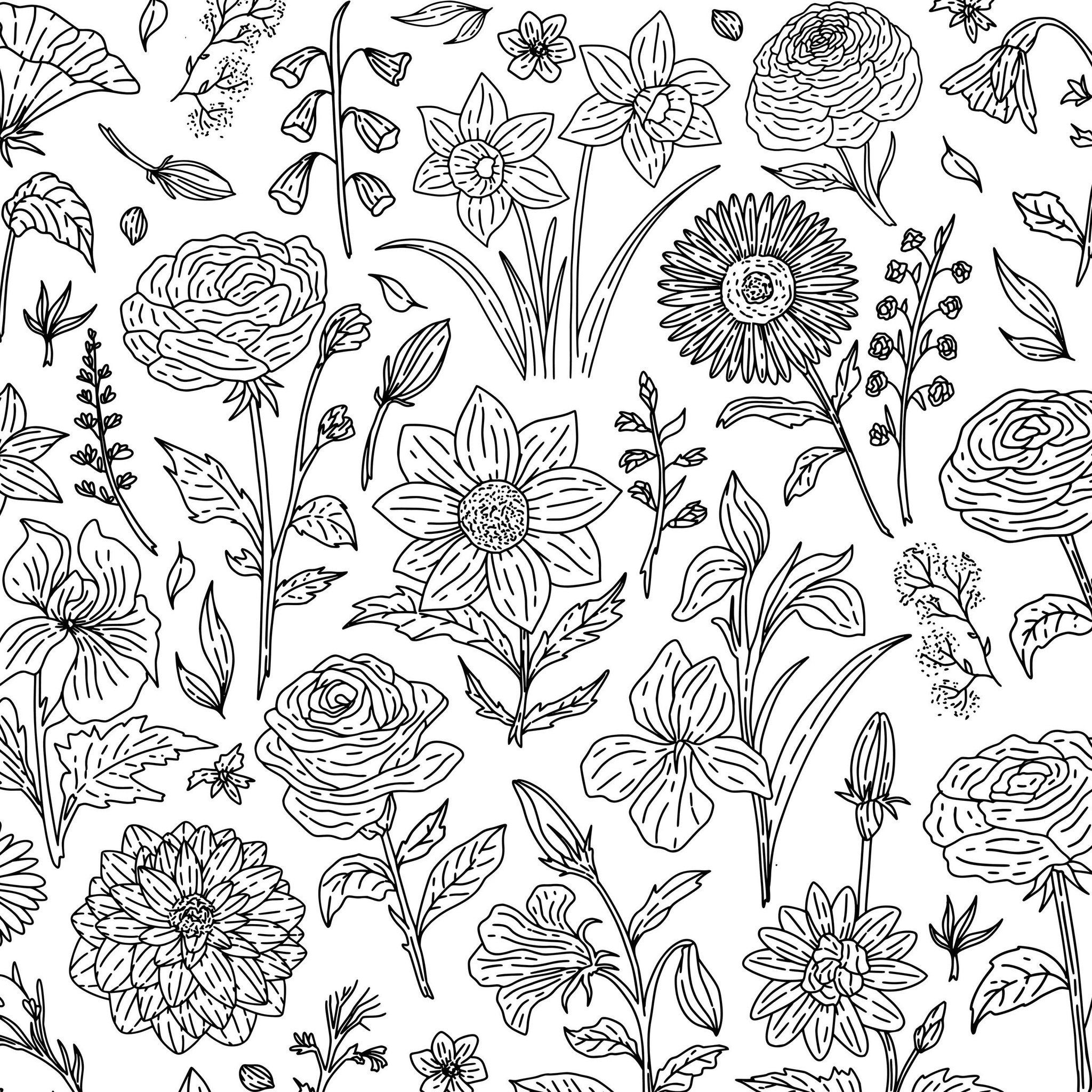 Black and white floral wallpaper with intricate botanical patterns.