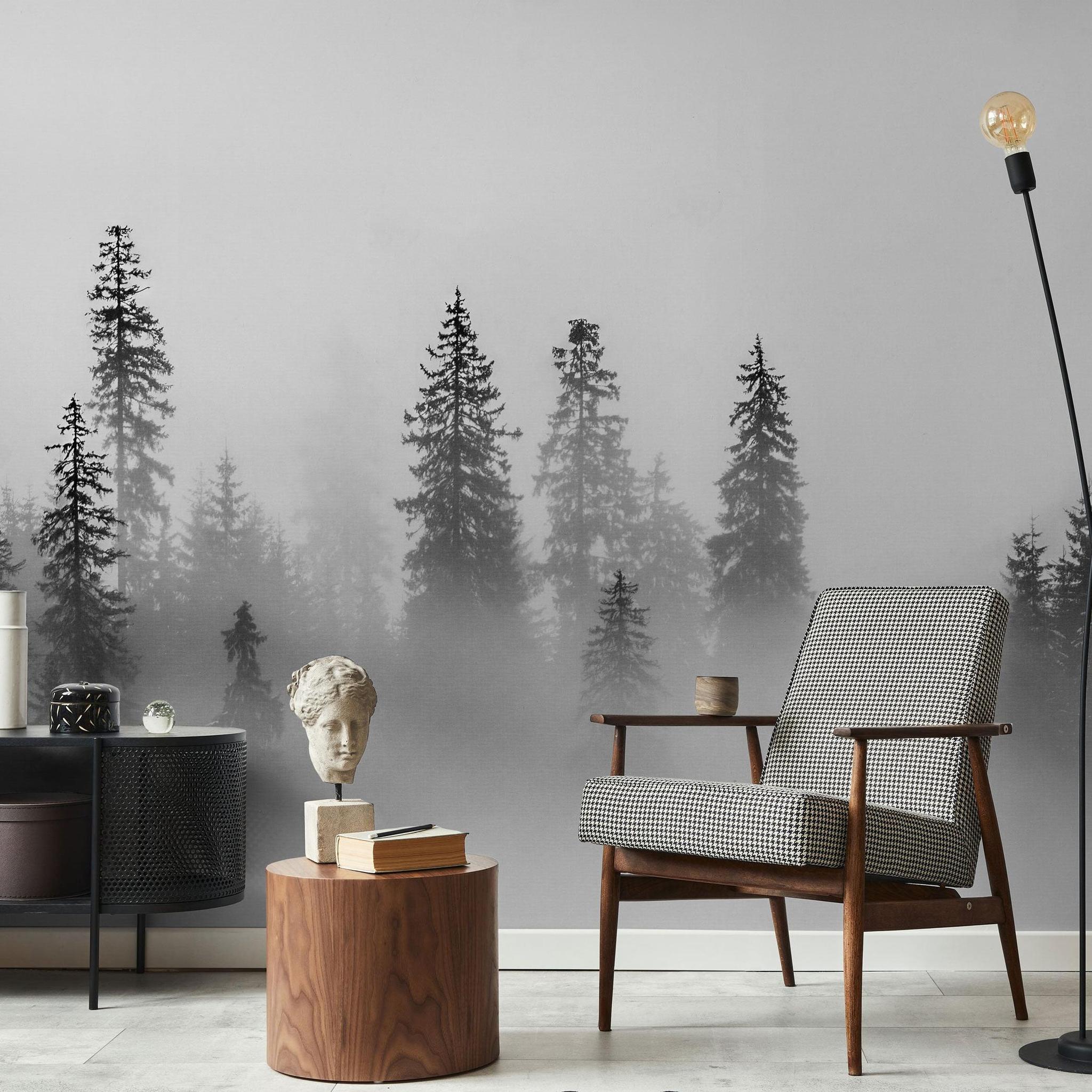 Black Pine Wallpaper by Wall Blush SG02 in stylish modern living room, accentuating calm forest ambiance.