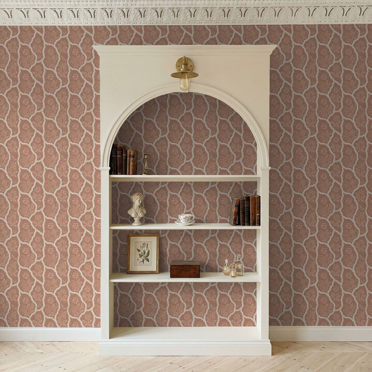 Bloomington wallpaper with blush floral pattern in elegant living room setting.