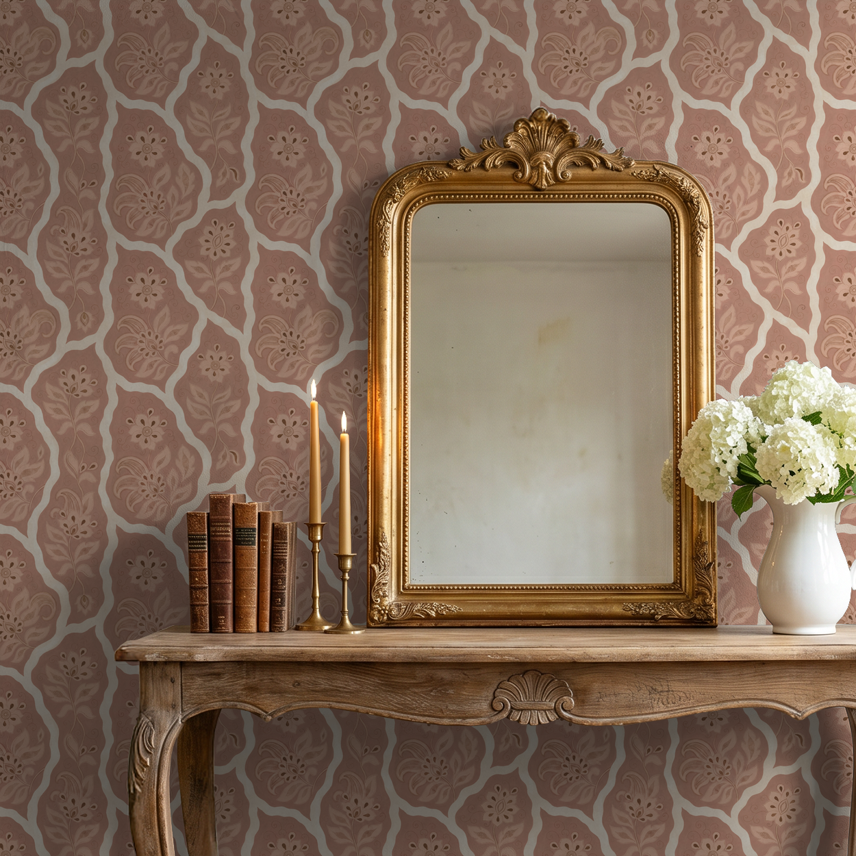 Bloomington blush floral wallpaper with ornate mirror and wooden table