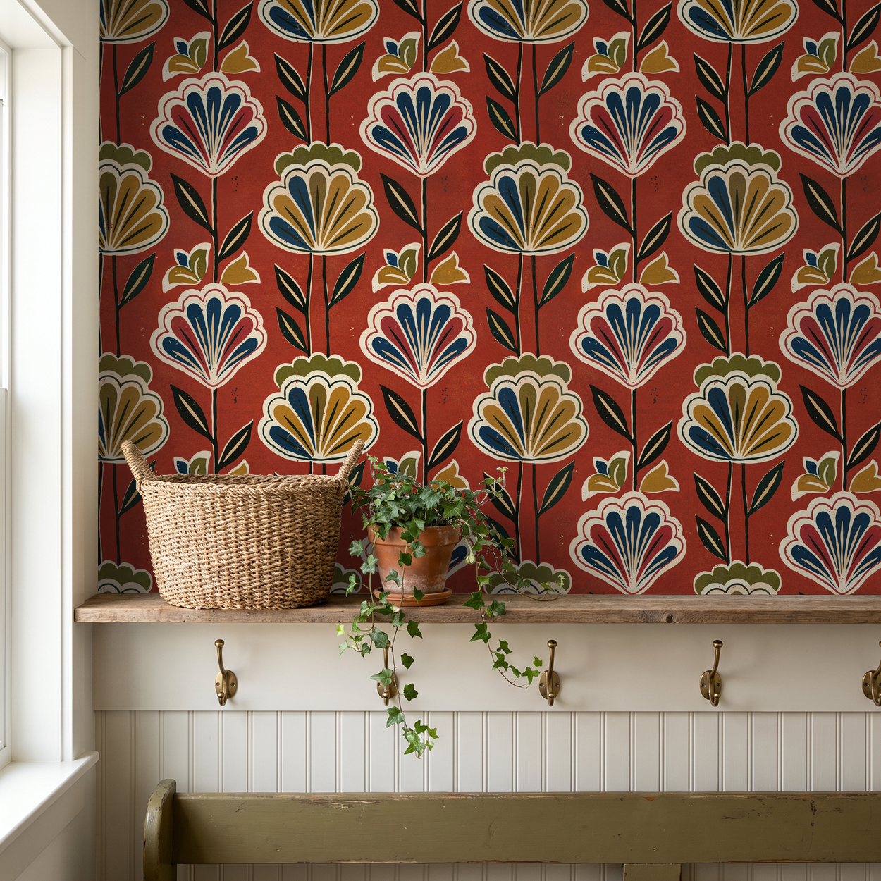 Bloomington floral wallpaper with terracotta background in cozy room setting.