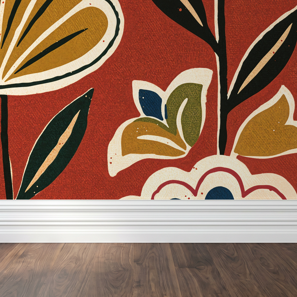 Bloomington floral wallpaper with terracotta background and vibrant motifs.