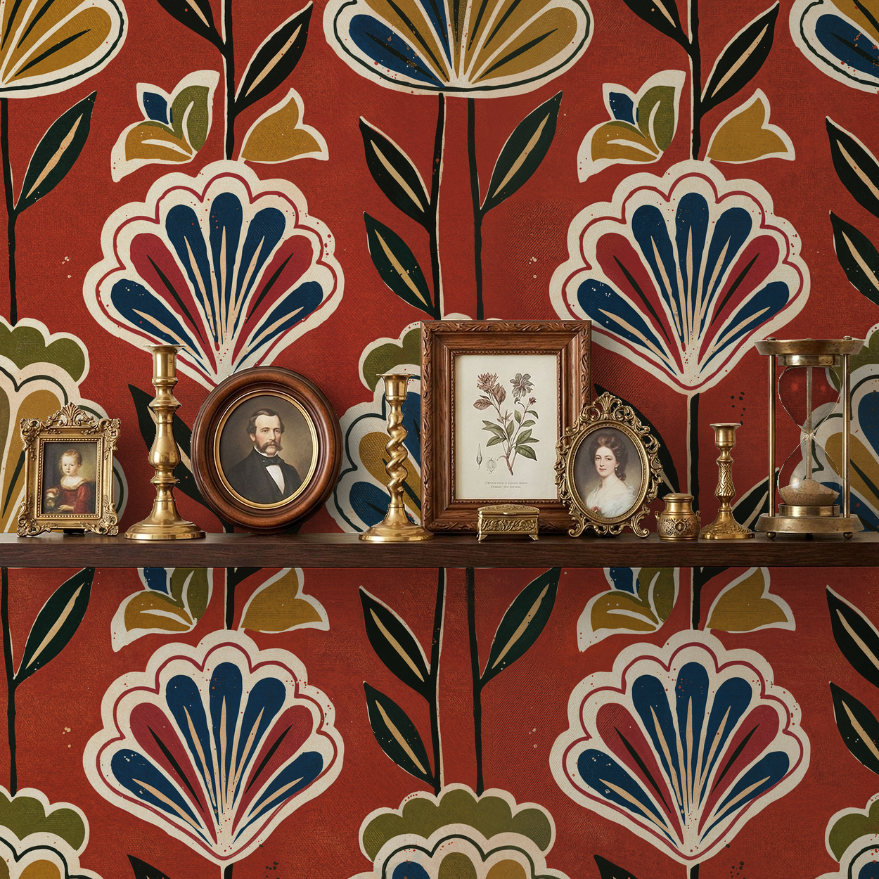 Bloomington floral wallpaper with terracotta background and vintage decor.